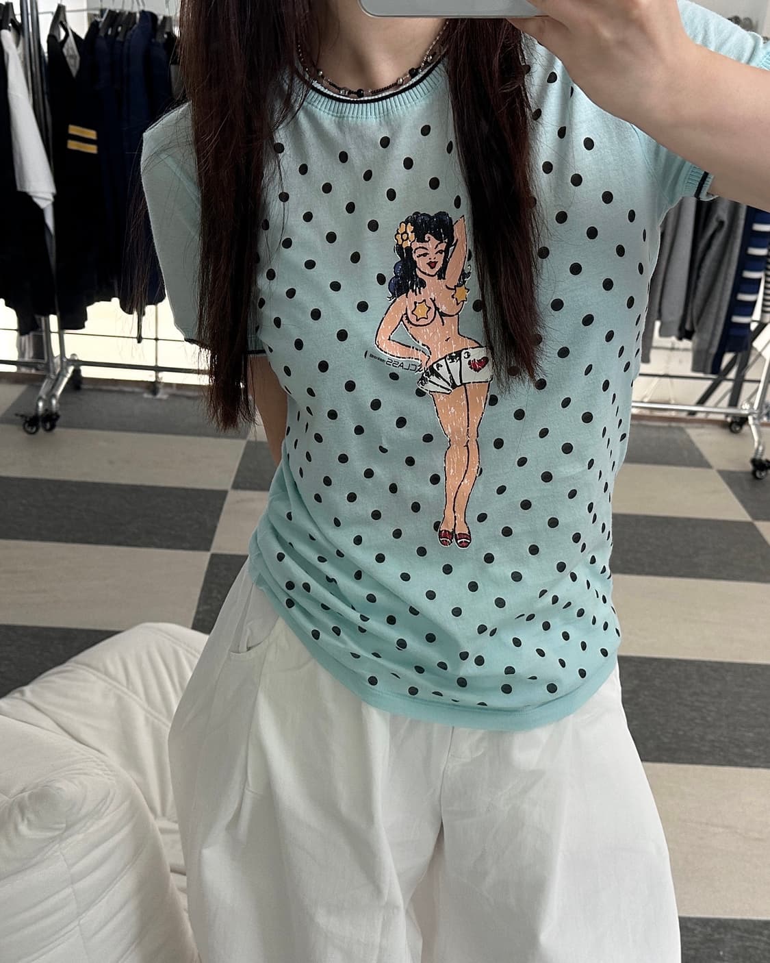 로베르토 카발리 00s 아카이브 핀업 걸 도트 링거 반팔 티셔츠 상품이미지8