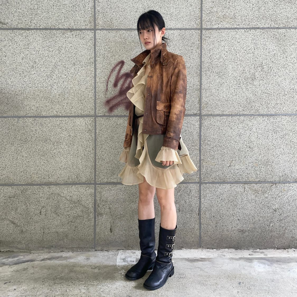 Brown washing sheepskin leather jacket 상품이미지1
