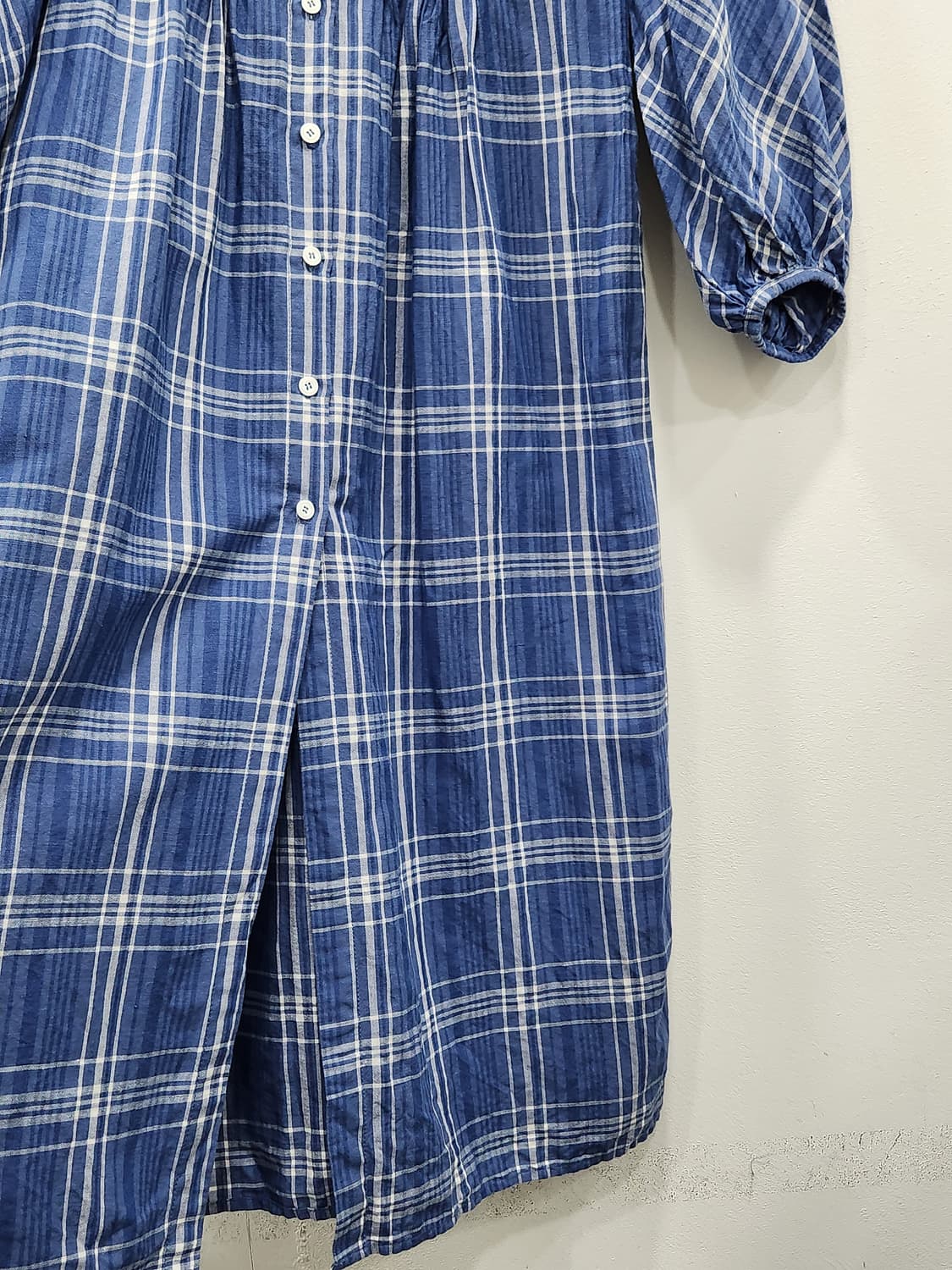 [S] 자라 린넨 블루 체크 롱원피스 벌룬 소매 상품이미지5