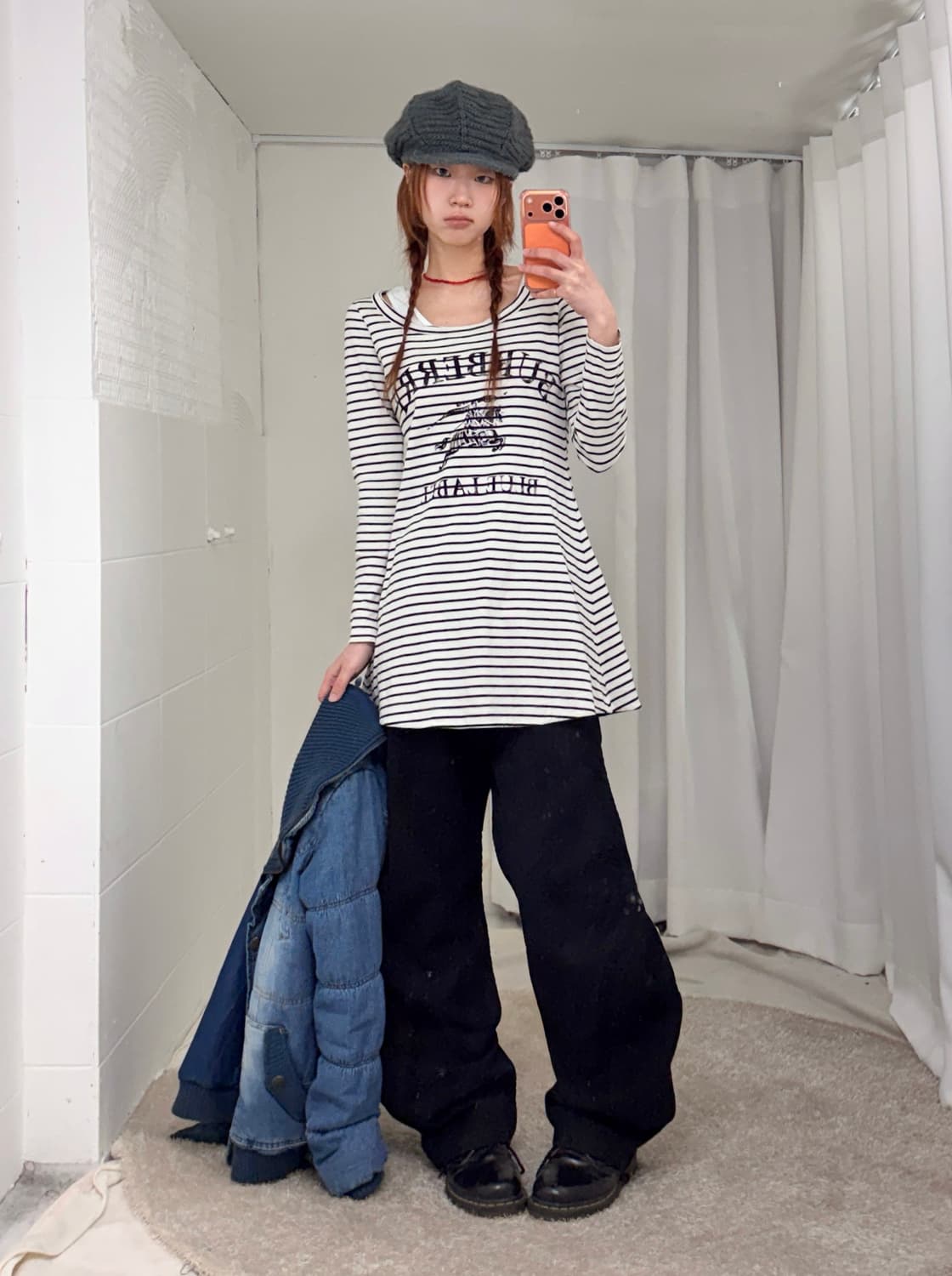 버버리 스트라이프 A라인 롱슬리브 데님 패딩 러힙 코디 세트 상품이미지3