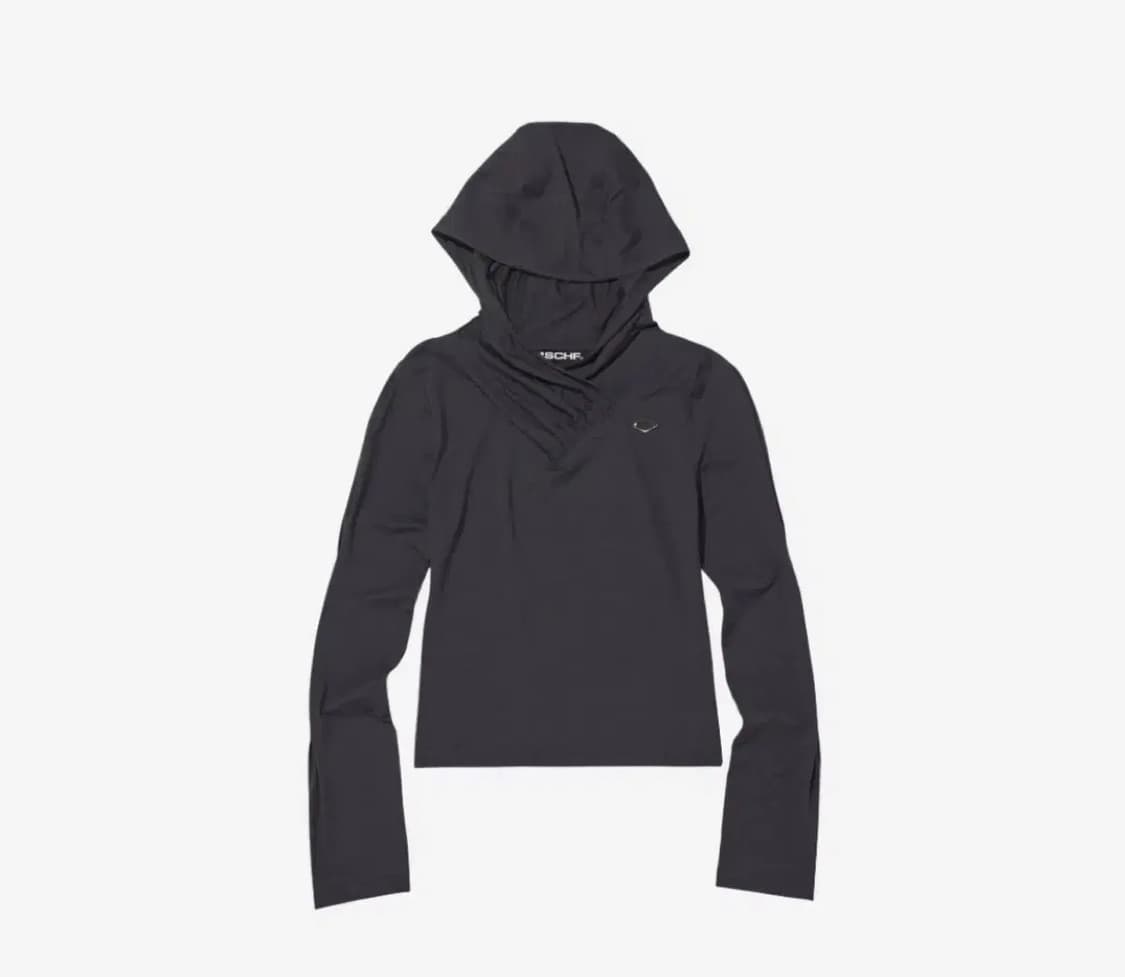 [M] 미스치프 후드 셔링 오버랩 탑 차콜 상품이미지1