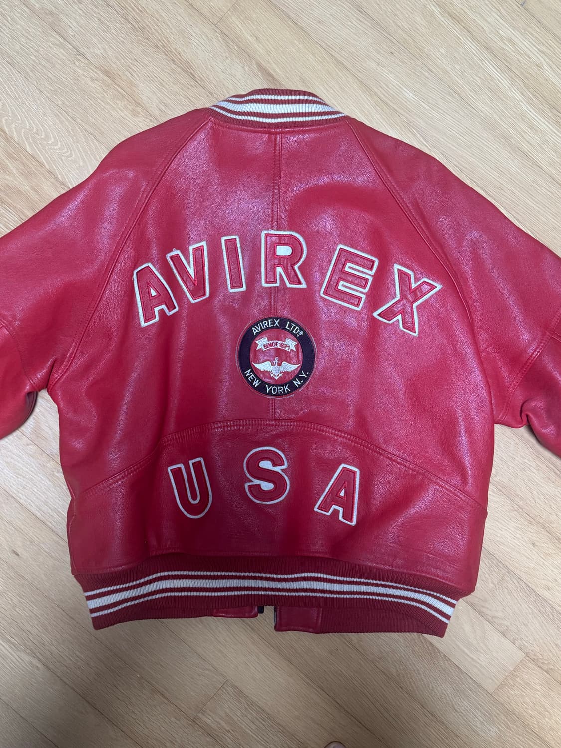 90s 오리지널 AVIREX USA 레더 바시티 자켓 레드 빅로고클래식 상품이미지2