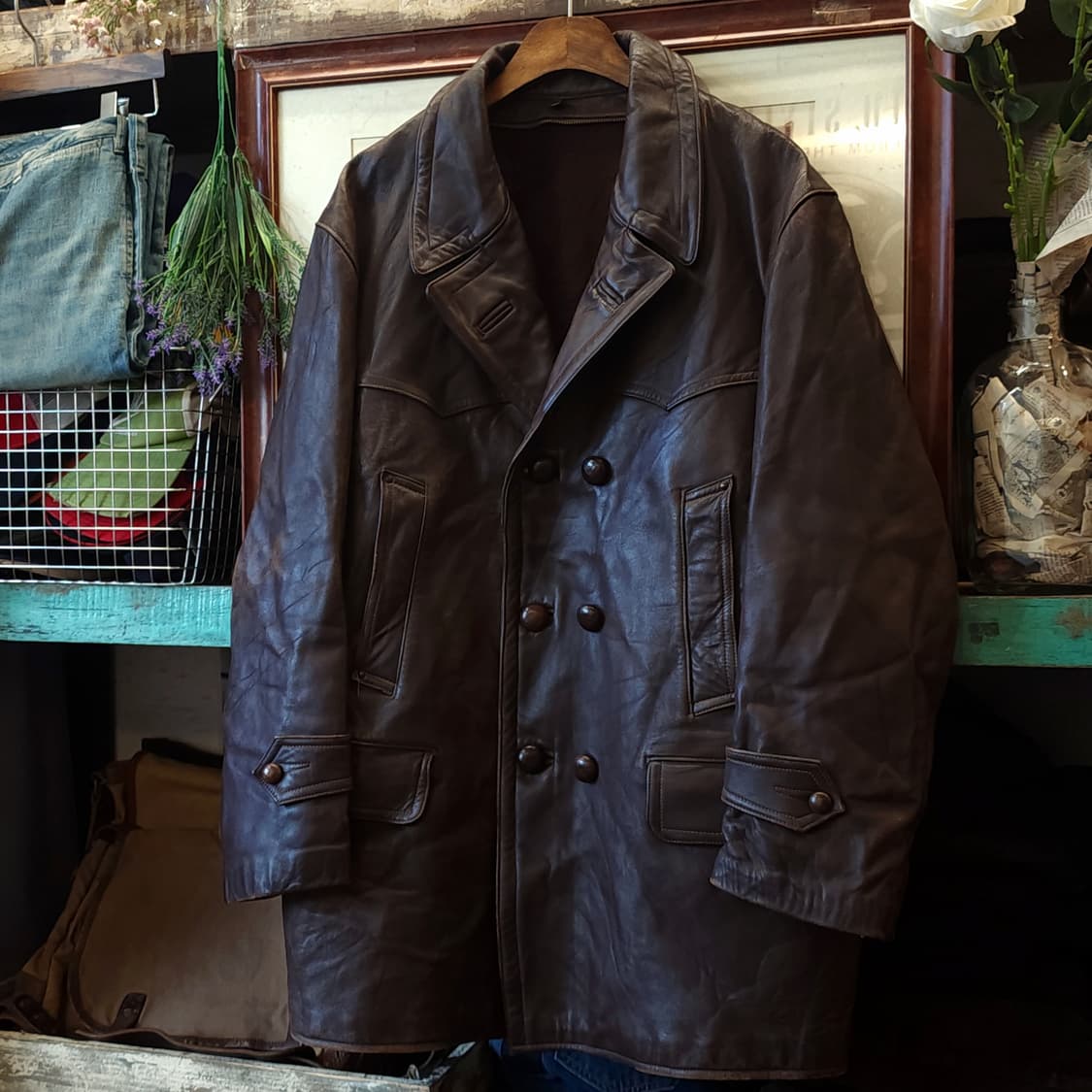 80s 프렌치 레더 카코트 카우하이드 반스토머 양털 랜치 코트 L 상품이미지2