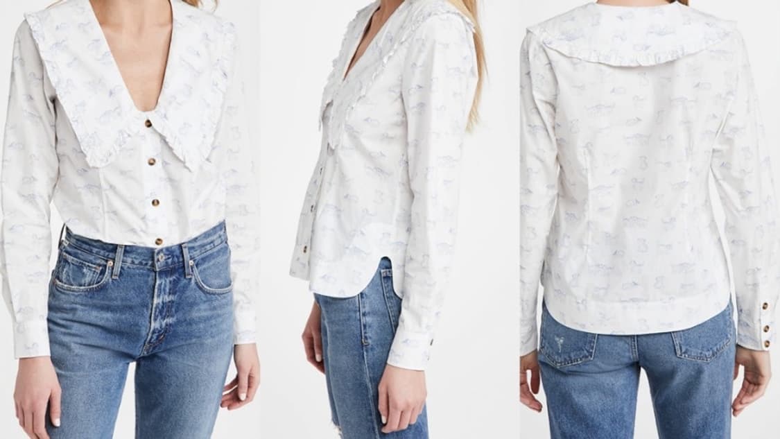 가니 GANNI 오가닉 코튼 프린트 포플린 V넥 셔츠 상품이미지5