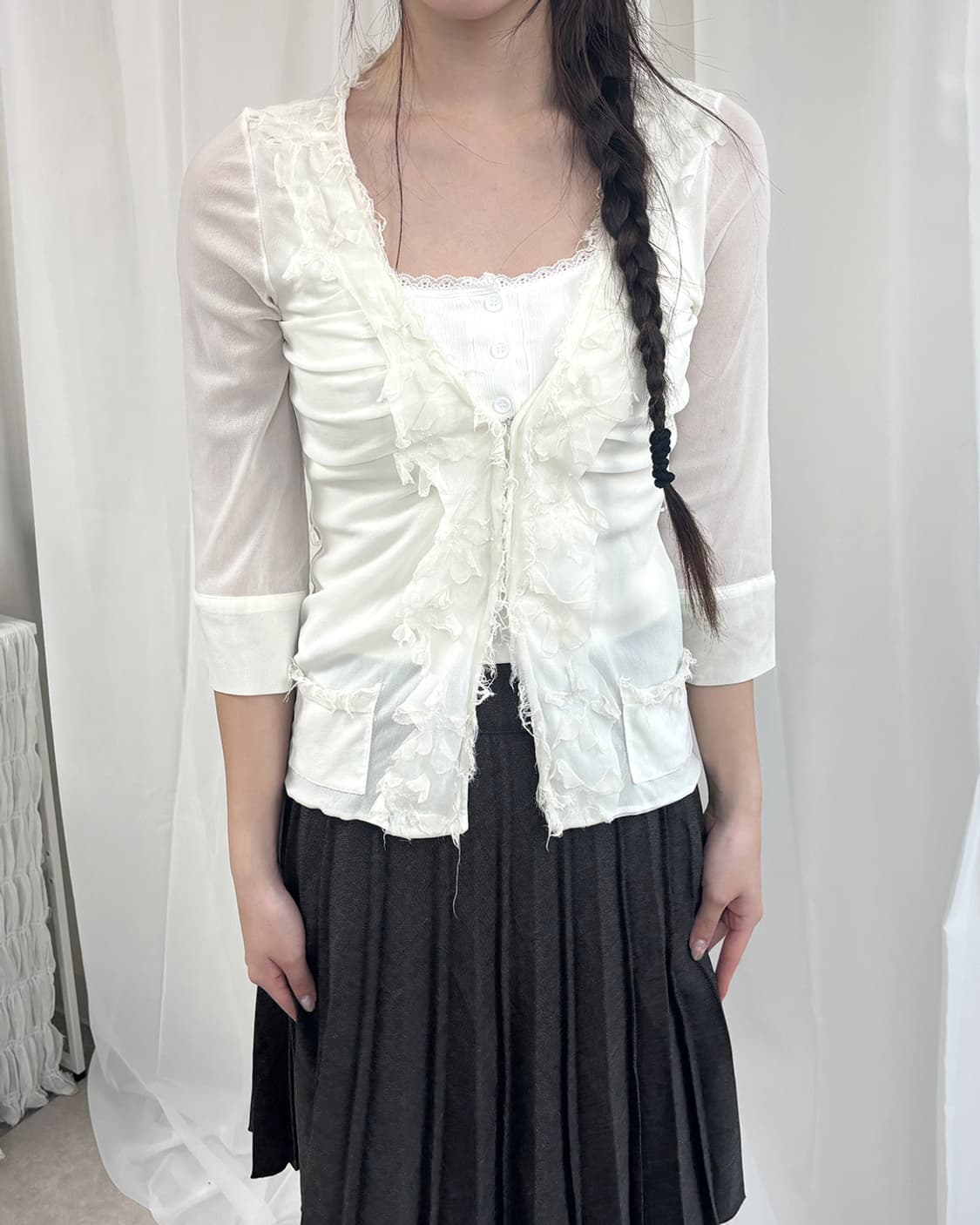 PAOLA FRANI 크리미 셔링 후크 시스루 7부 가디건 상품이미지1