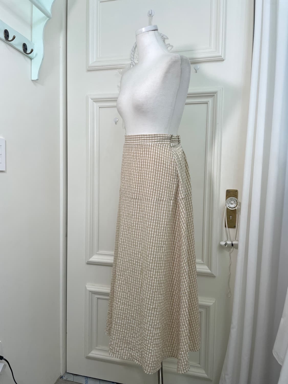 beige gingham check banding long skirt 상품이미지2