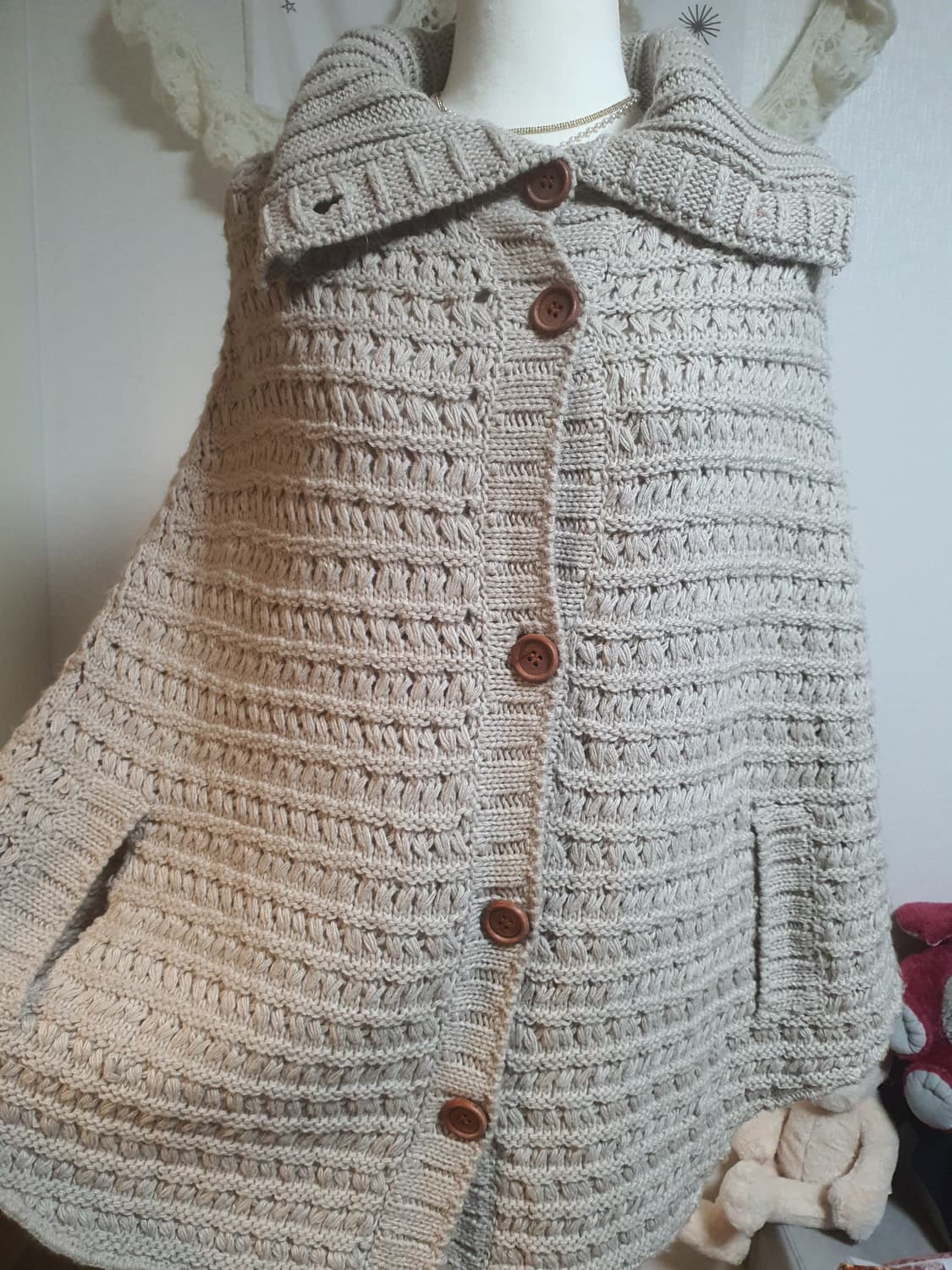 [모리걸] 니트 후드 망토 가디건 아이보리 사와코케이프 달천깔 상품이미지5