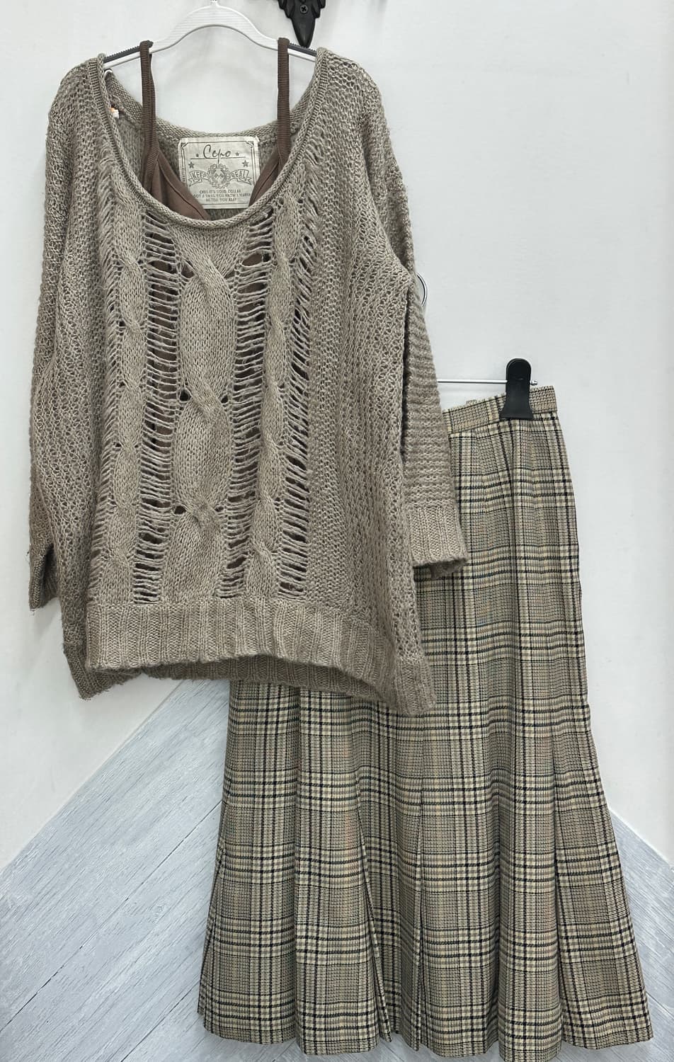 🤎사와코의 에스닉 코디세트🤎 그런지 니트 레이어드 체크스커트 모리걸 상품이미지3