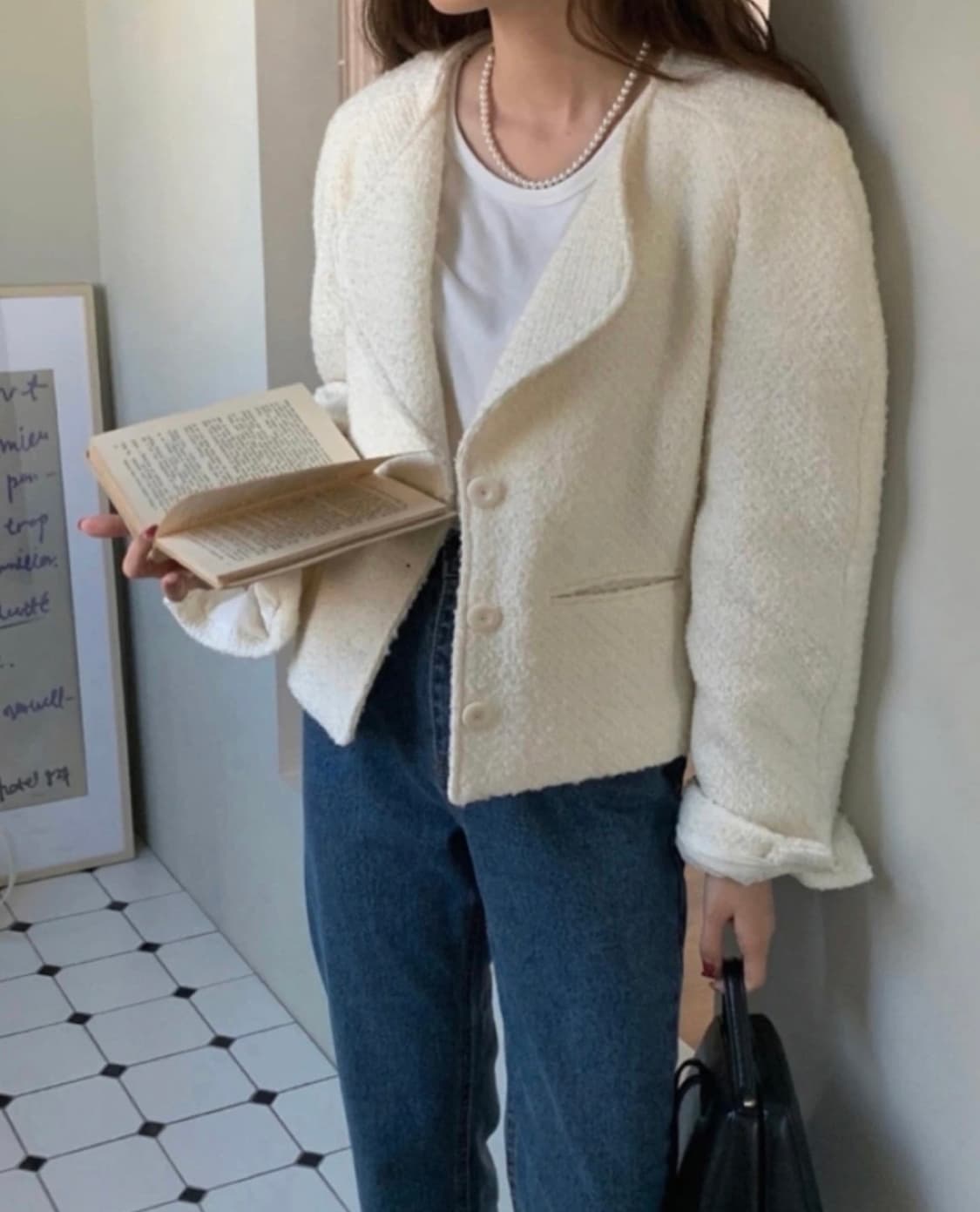 위어Ouir 노카라 트위드자켓 아이보리 상품이미지3