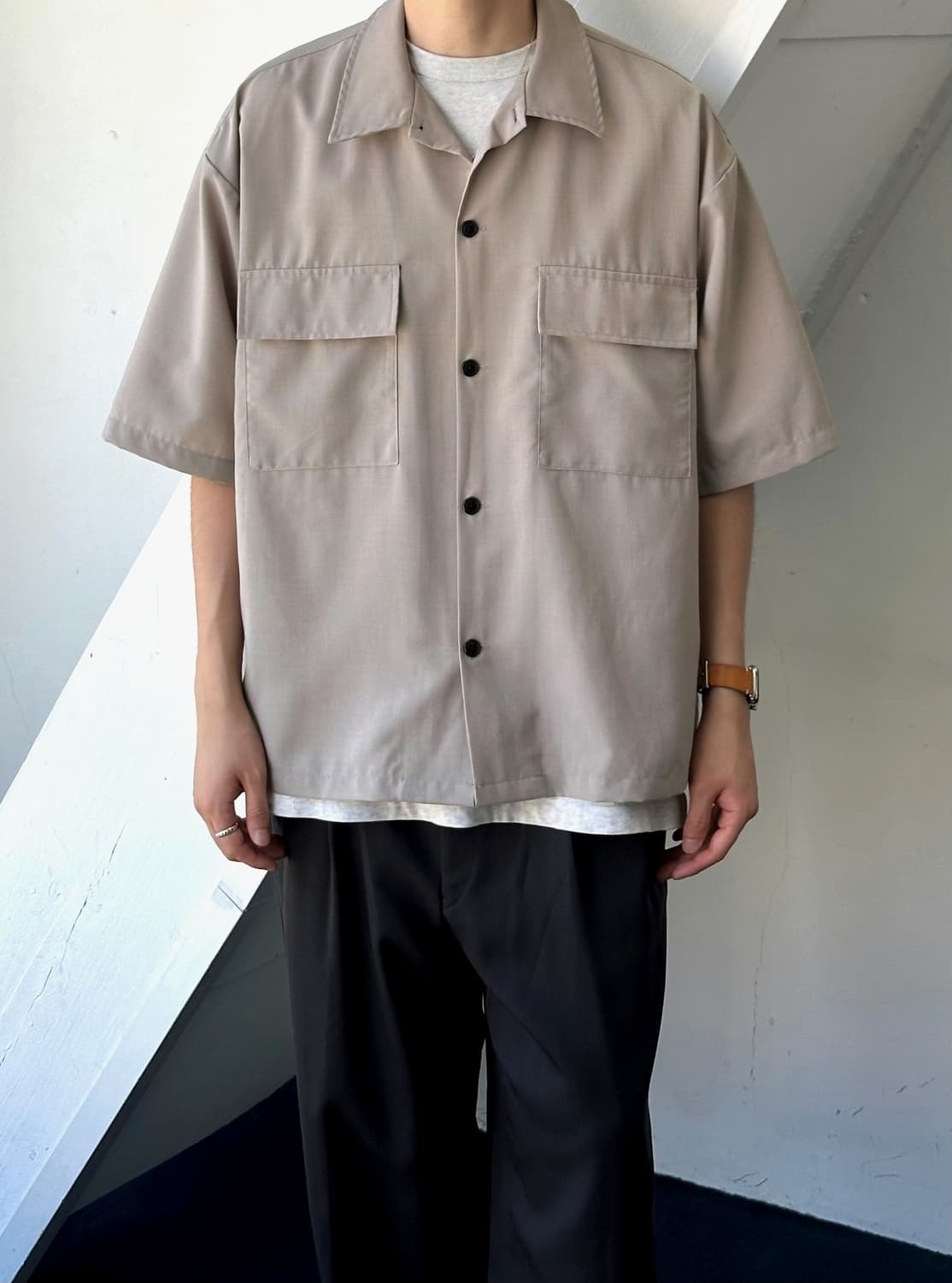 Linen touch light poly open collar shirt 상품이미지3