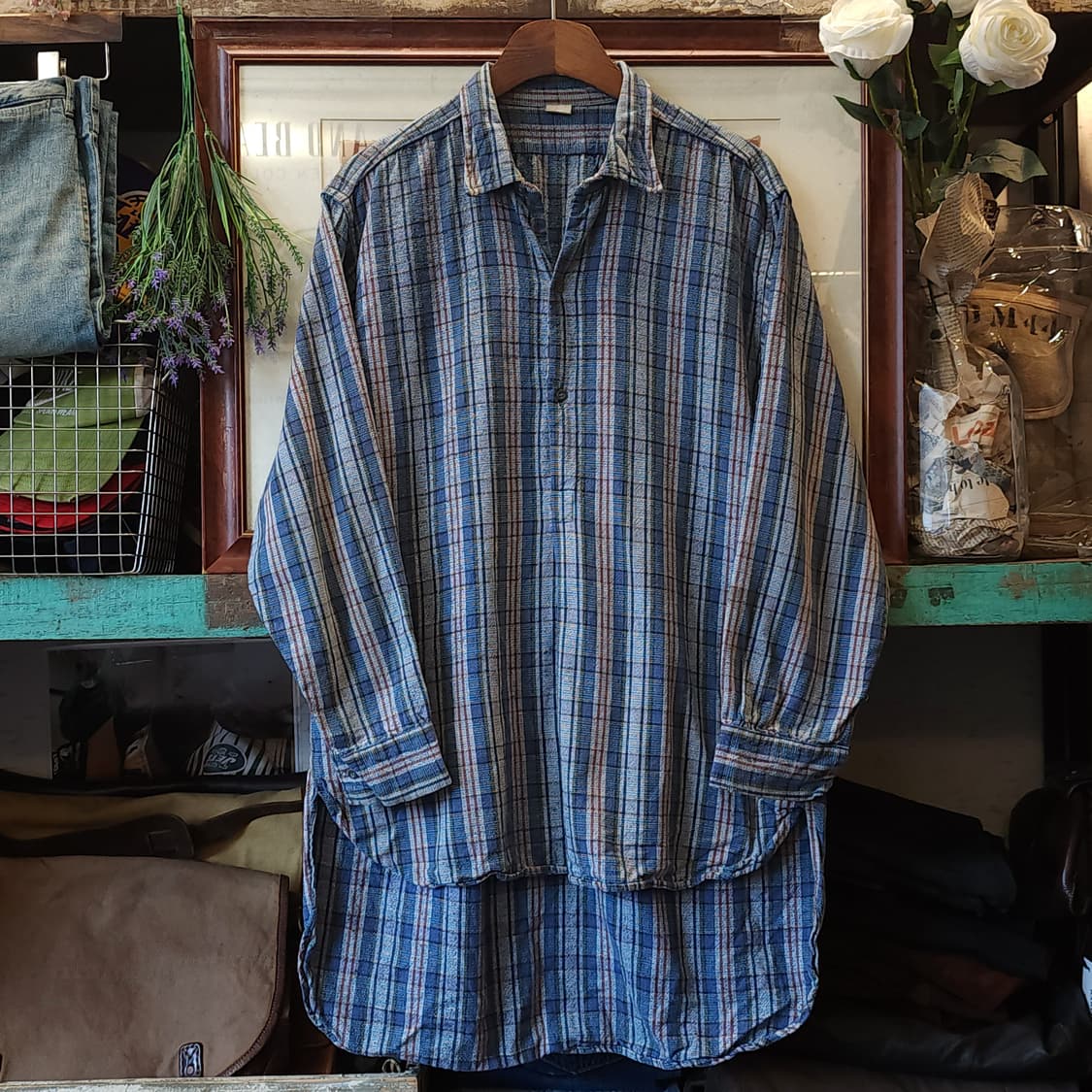 60s 프랑스 워크셔츠 가드너 빈티지 셔츠 블루 롱 튜닉 셔츠 m 상품이미지1