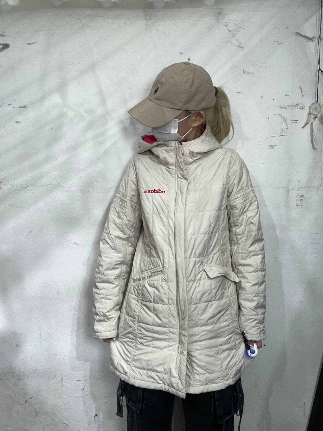 아디다스 일본판 아이보리 핑크 로고 퀼팅 점퍼 바람막이 여성용 패딩 L 상품이미지2