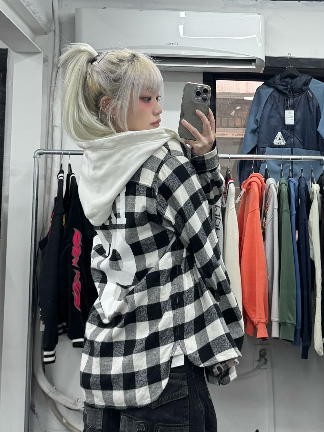 베이프 체크패턴 후드 셔츠 상품이미지1