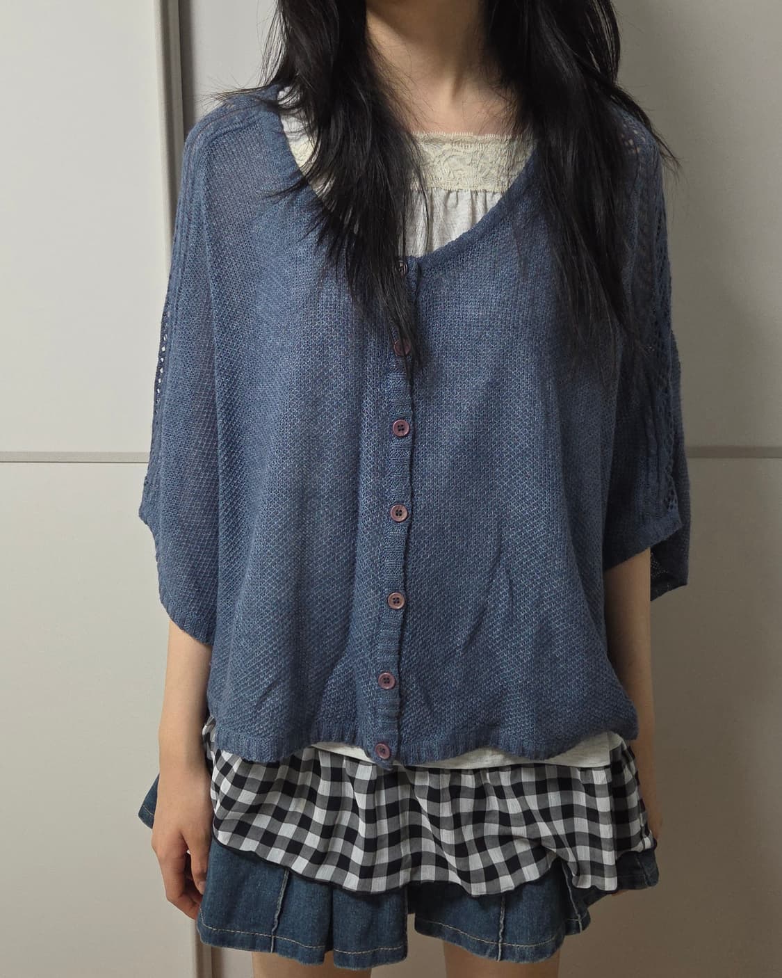빈티지 블루 모리 상의 코디 세트 (2벌) (케이프, 체크 나시) 상품이미지3