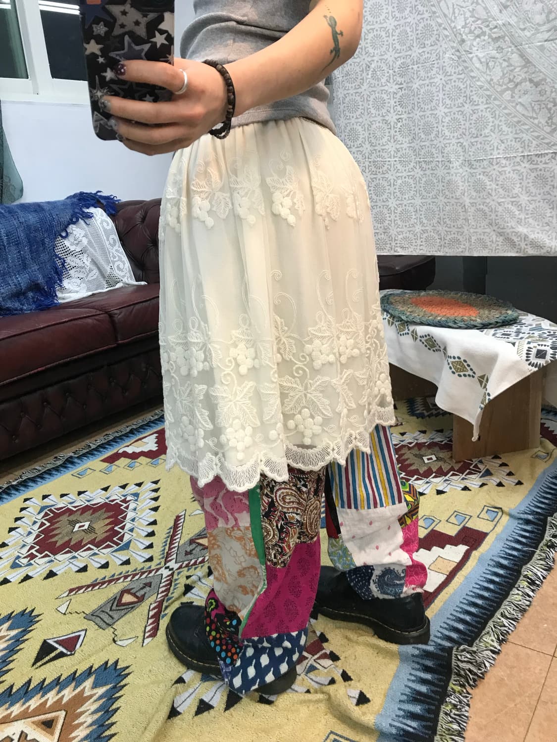 빈티지 플라워패턴 자수 레이스 밴딩 미디스커트(Z1000) 상품이미지2