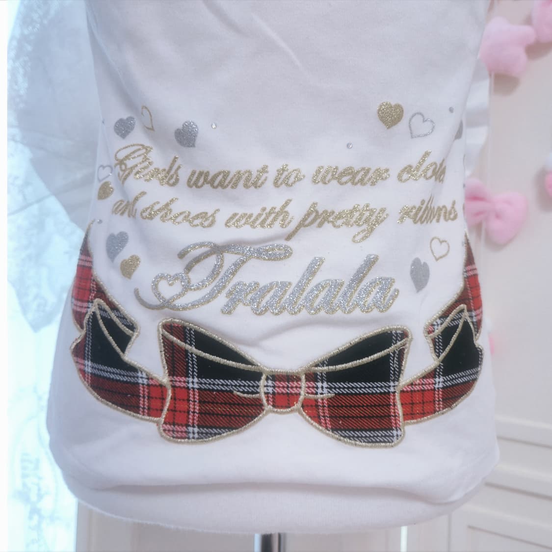 Tralala 트랄라라 체크 리본 하트챰 반팔 티셔츠 헤이세이 오네갸루 상품이미지3