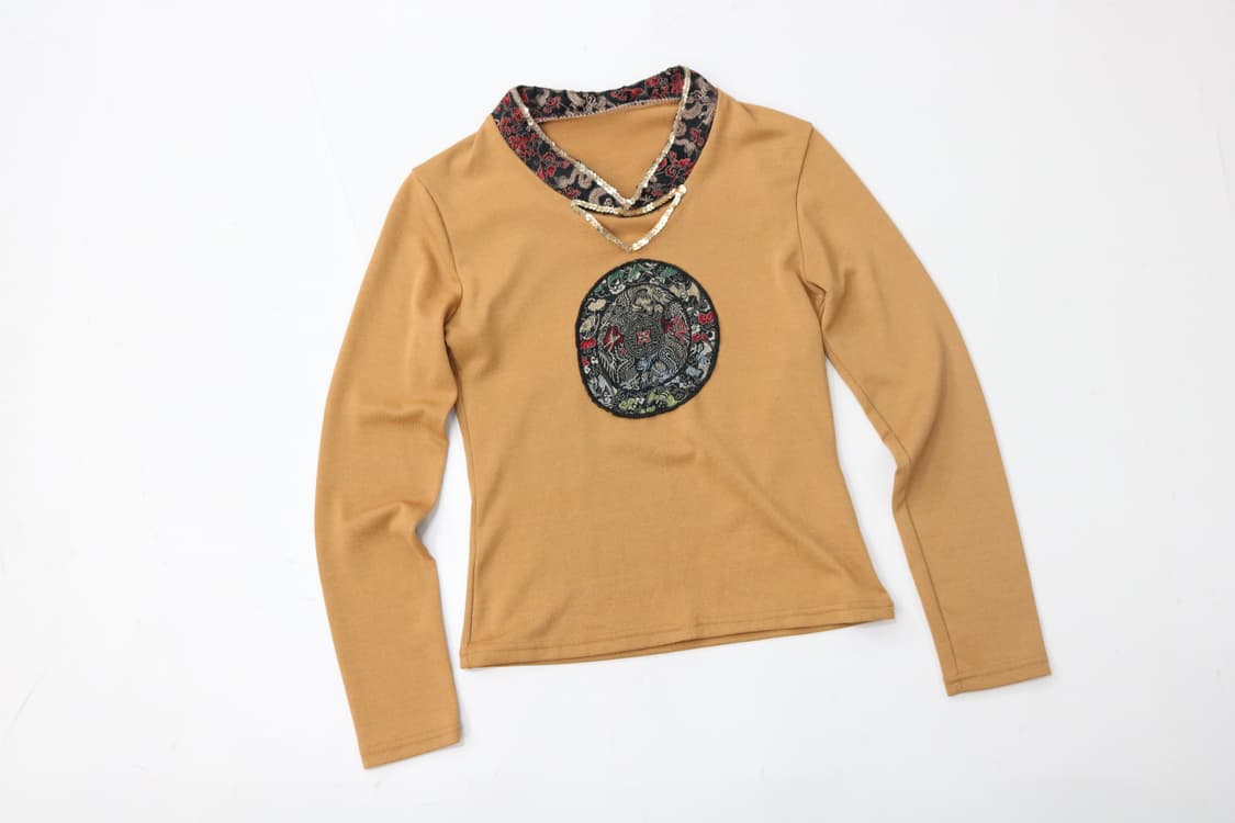 빈티지 에스닉 오리엔탈 자수 스팽글 머스타드 긴팔 티셔츠 상품이미지2