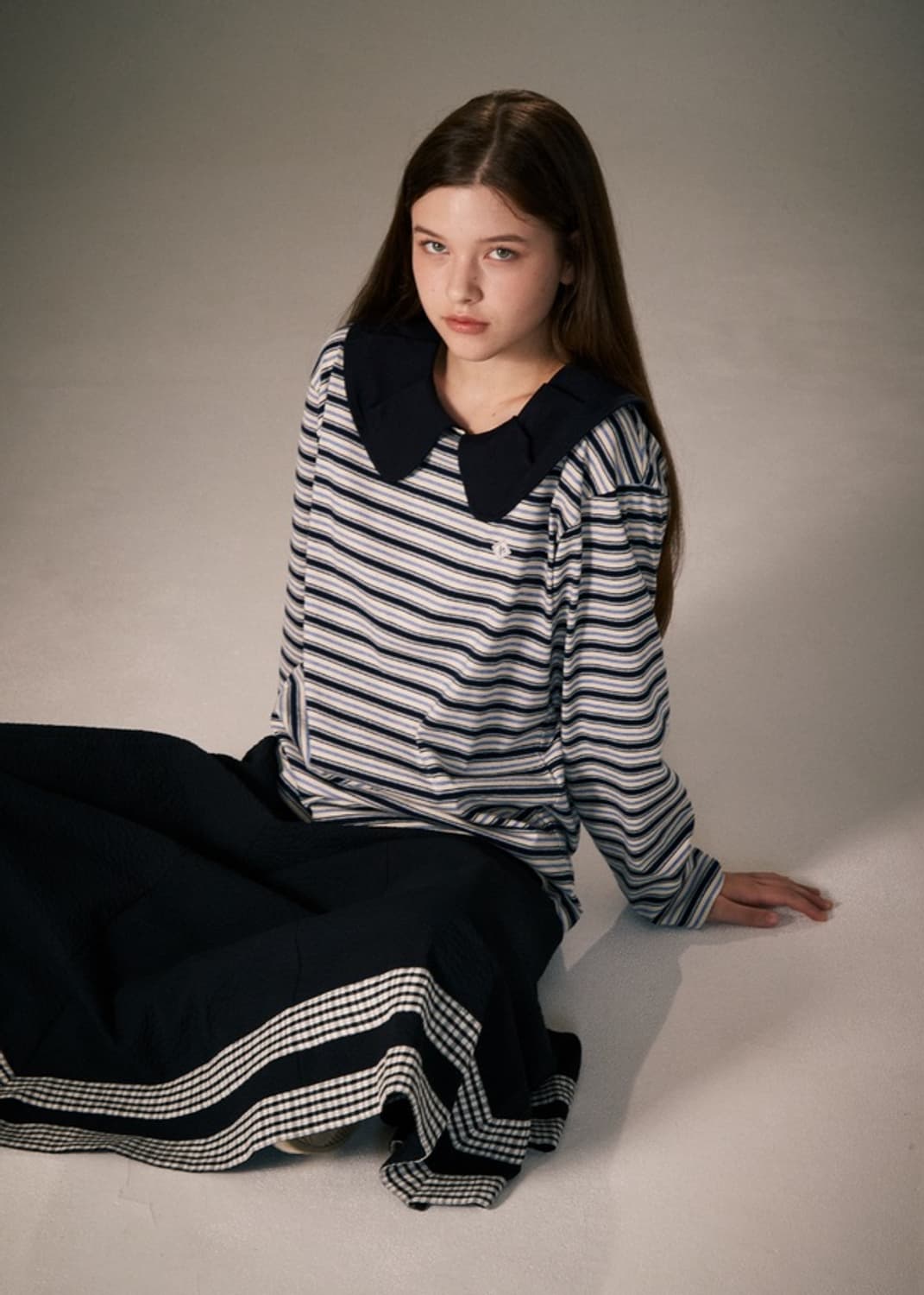 Stripe Big Collar Jersey Top / Navy 상품이미지4