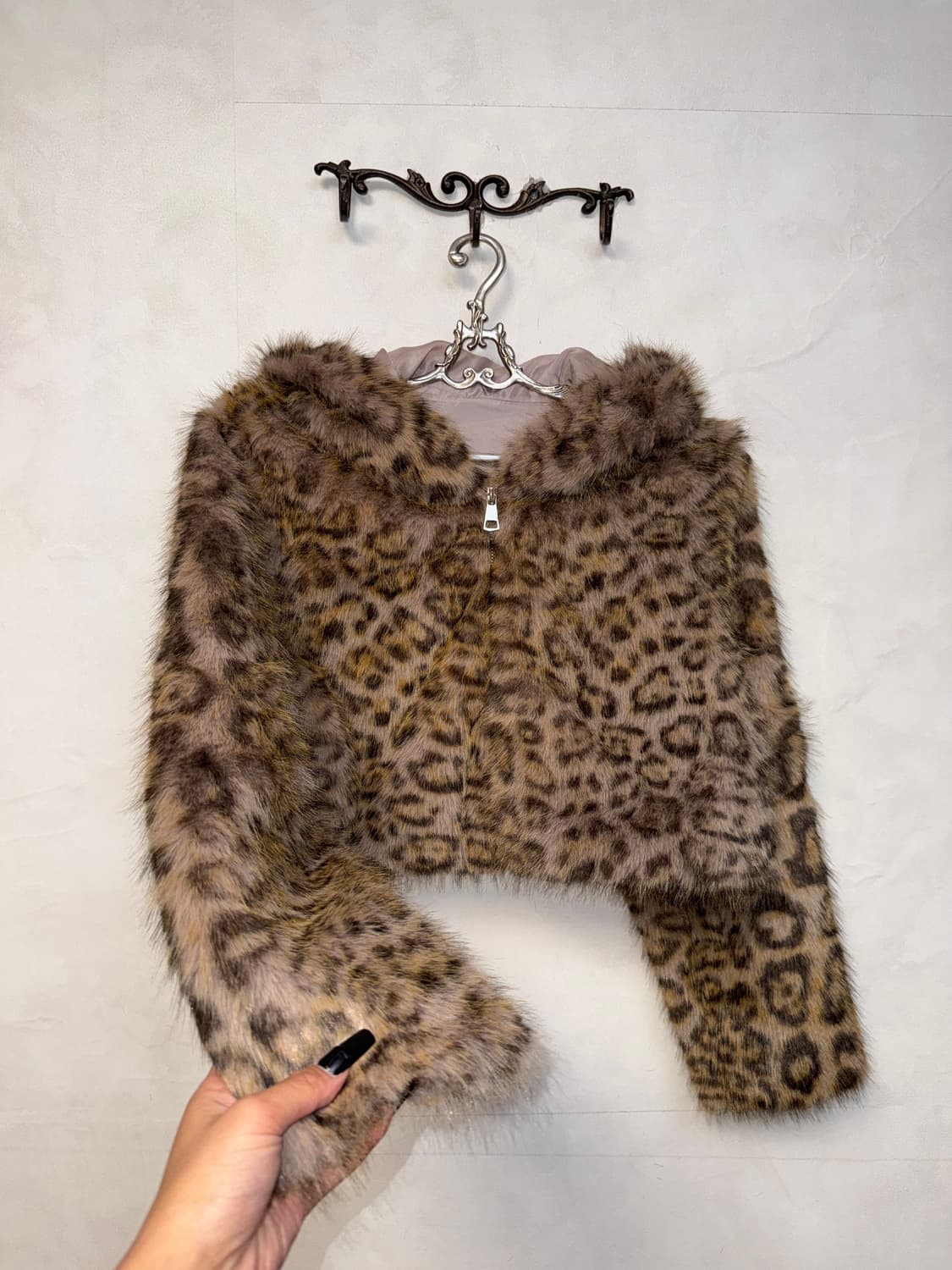 Pink brown leopard fur crop hood zipup 상품이미지2