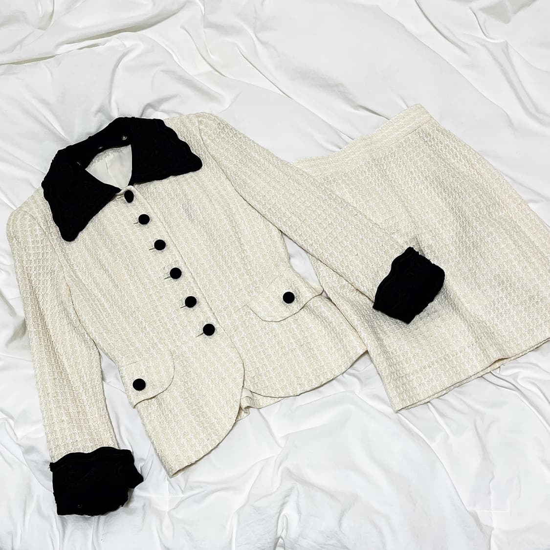 빈티지 ) 아이보리 벨벳카라 셋업 상품이미지1