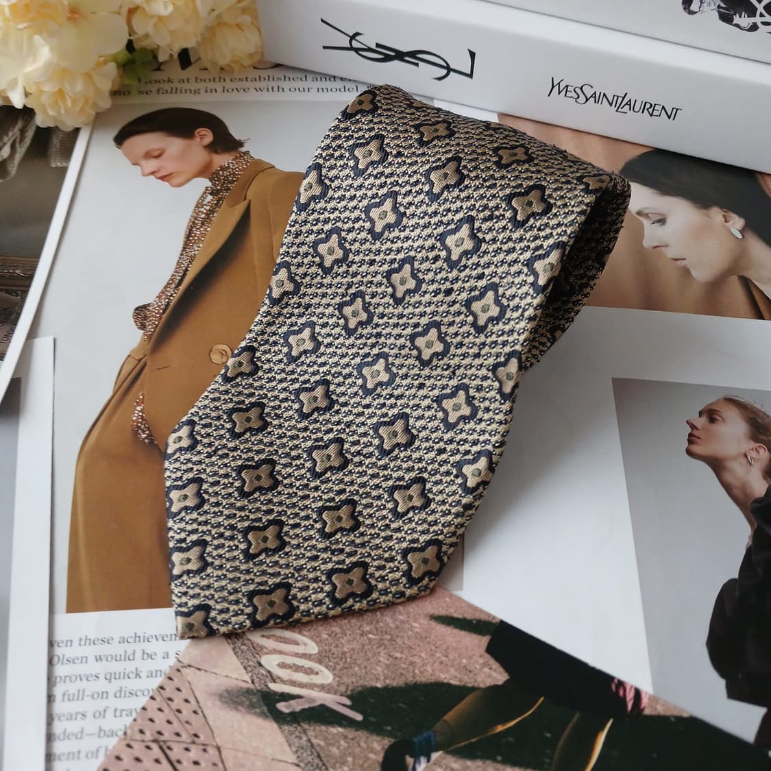 입생로랑 실크 브라운 자카드 패턴 넥타이 10cm A+등급 A19723 상품이미지4