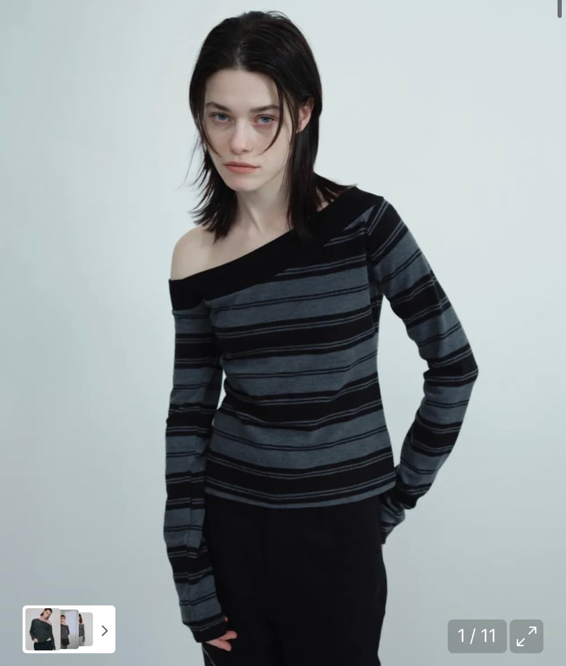 밀로 우먼 원 숄더 스트라이프 티셔츠 차콜그레이 상품이미지1