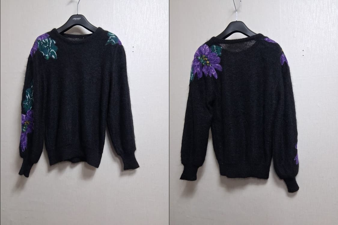 일본구제 빅플라워 자수배색 레트로핏 검정모헤야 니트 가오리핏 여성 통66 상품이미지3