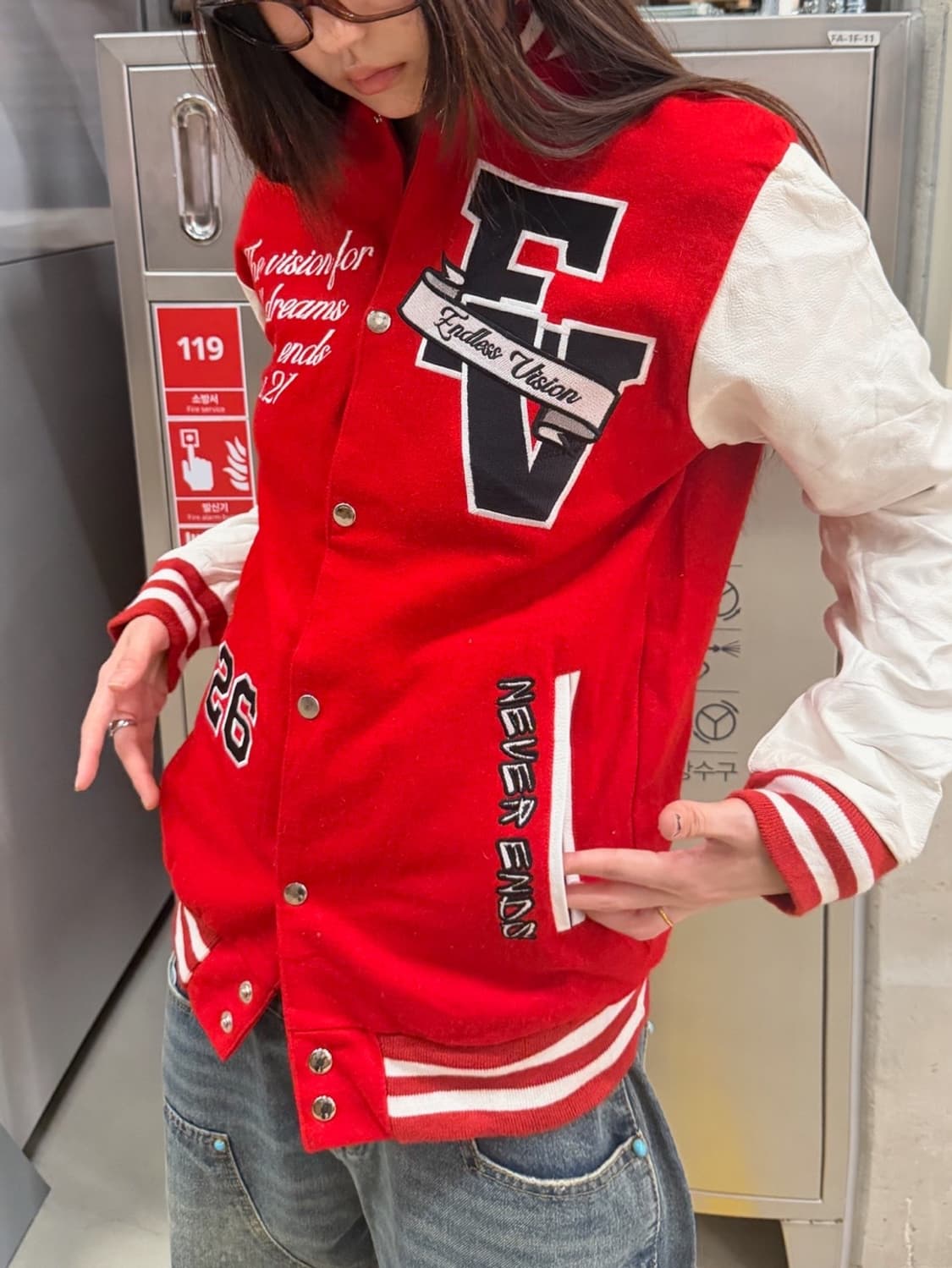 90s 올드스쿨 패치 레드 레더 바시티 jk 상품이미지2