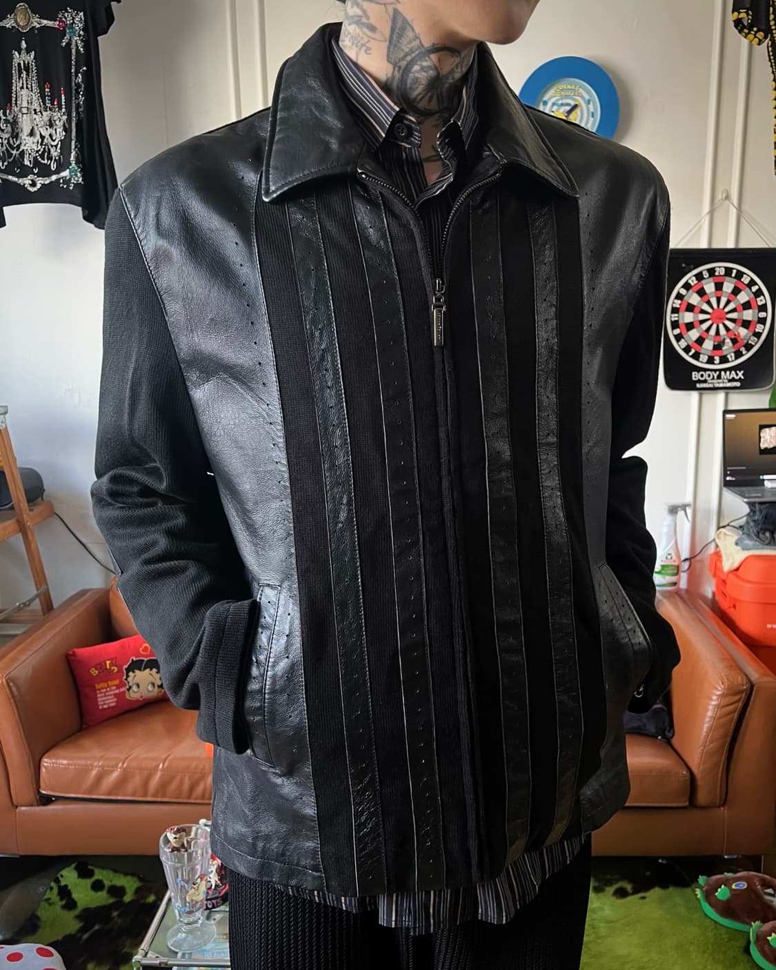 Jhane Barnes Leather Panel Stripe Jacket 상품이미지2