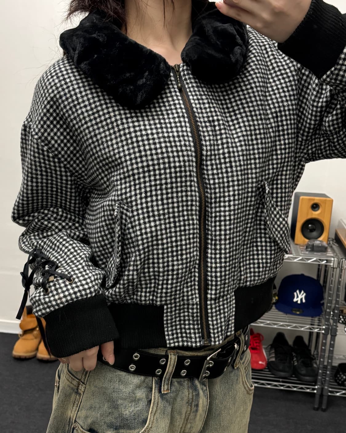 올드 빈티지 체크패턴 크롭 퍼 자켓 상품이미지2