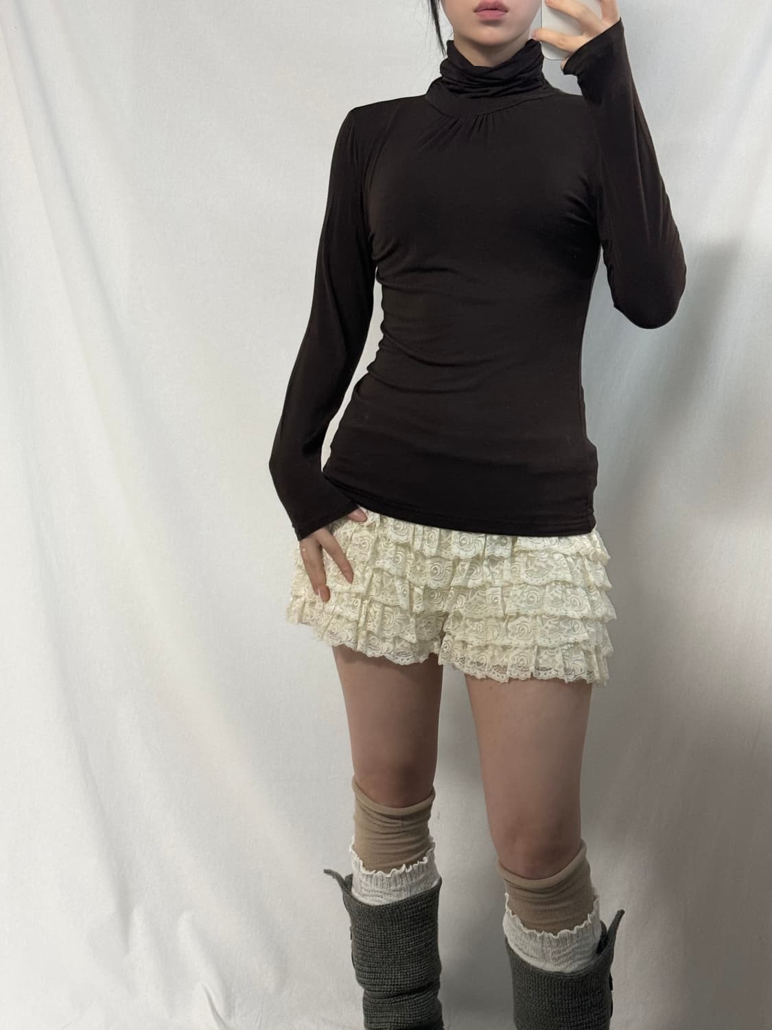 버튼 니트 스트라이프 패턴 셔링 폴라 넥 원피스 2pcs SET 상품이미지5