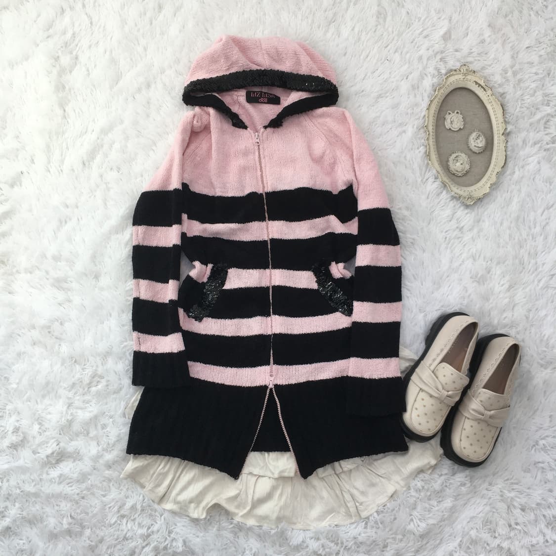 리즈리사 돌 핑크 블랙 스트라이프 후드 집업 상품이미지1