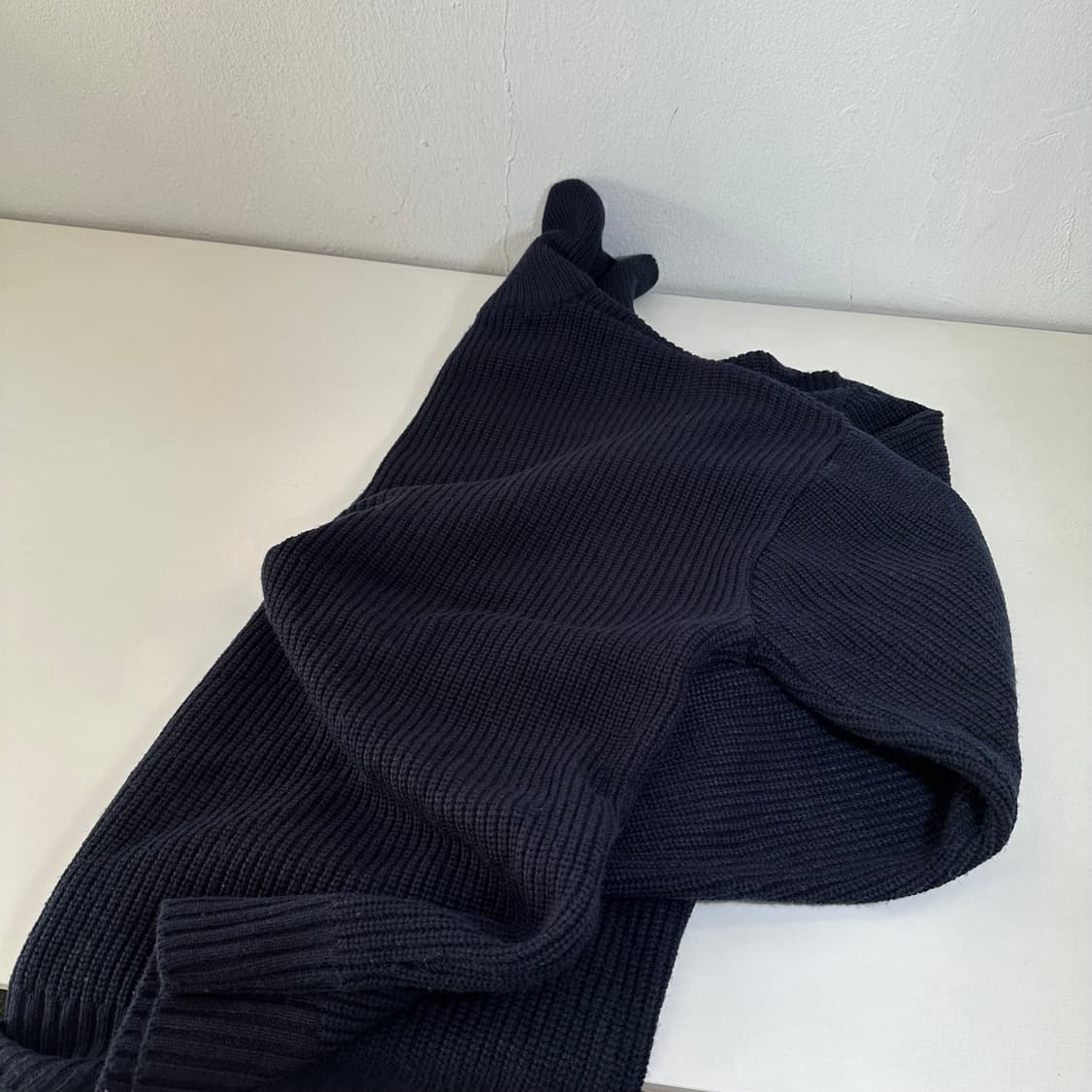 XL 블론드나인 네이비 루즈오버핏 반집업 와플니트 상품이미지4