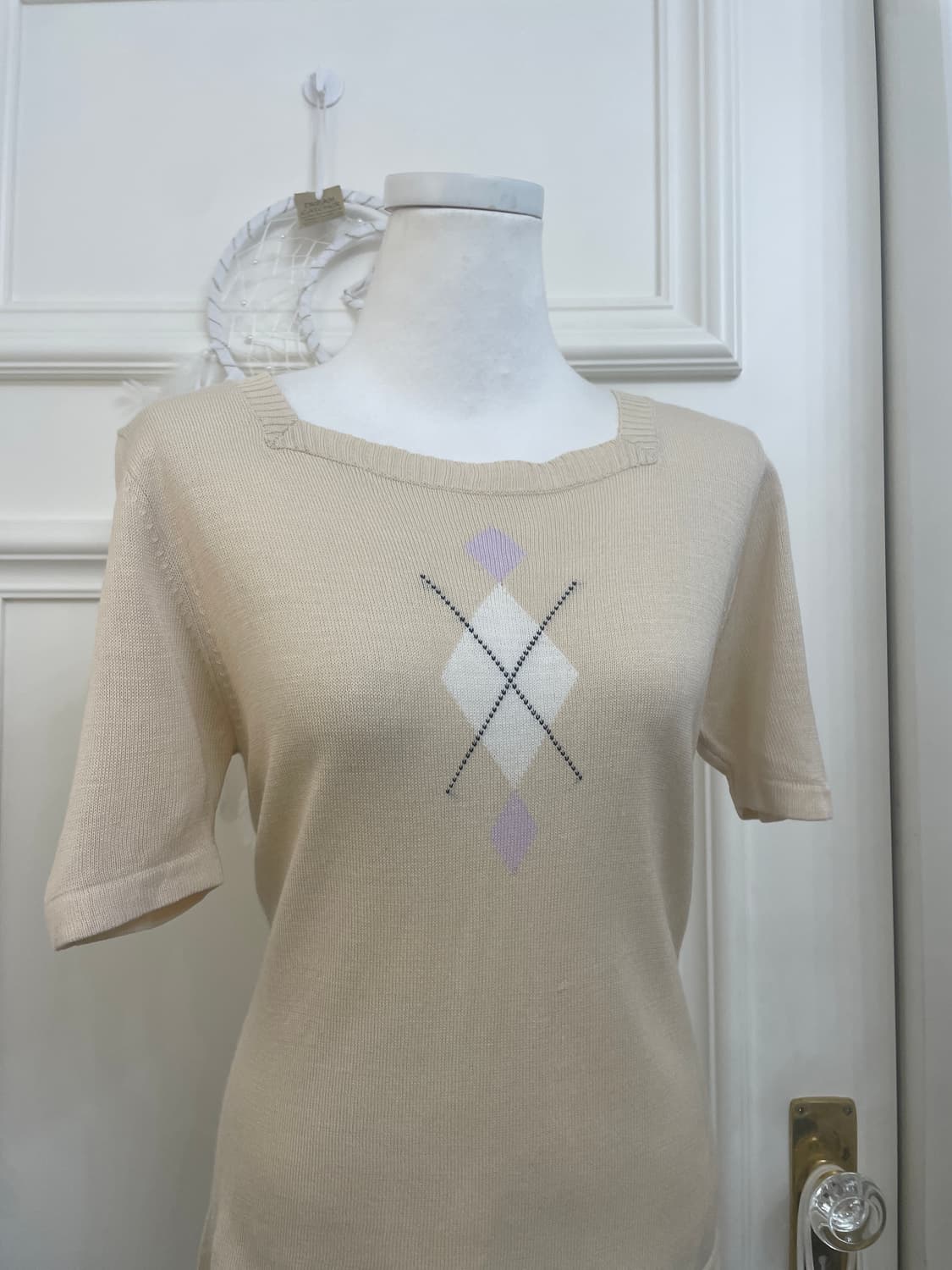 beige argyle point square-neck knit top 상품이미지5