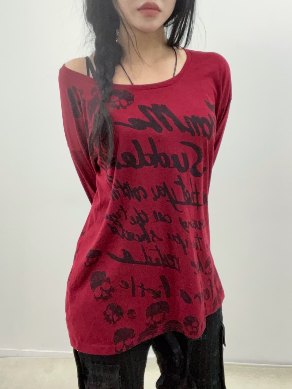 punk skull printing Red U-neck T-shirt 상품이미지2
