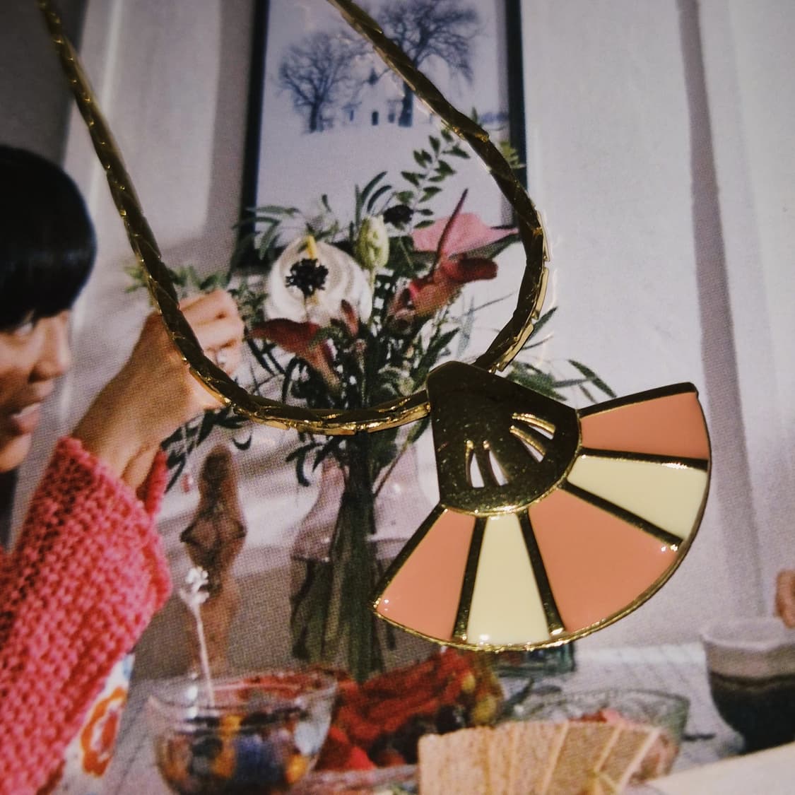 80s 프랑스 지방시 비쥬 에나멜 부채 뱀부 체인 초커 상품이미지10