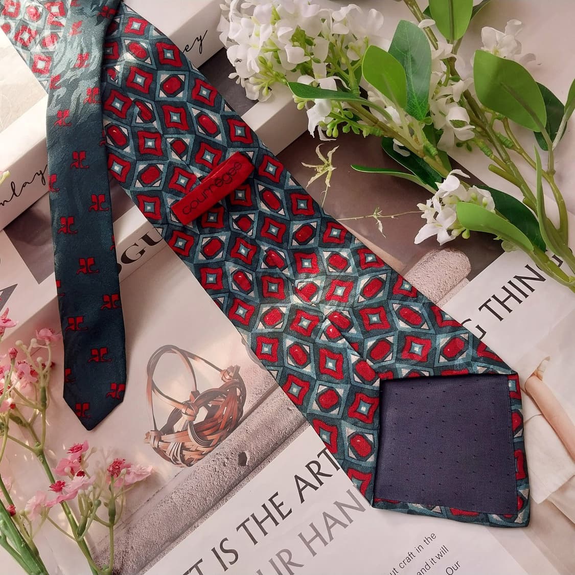 꾸레쥬 실크 그린 기하 패턴 넥타이 9.1cm A+등급 K1928 상품이미지3