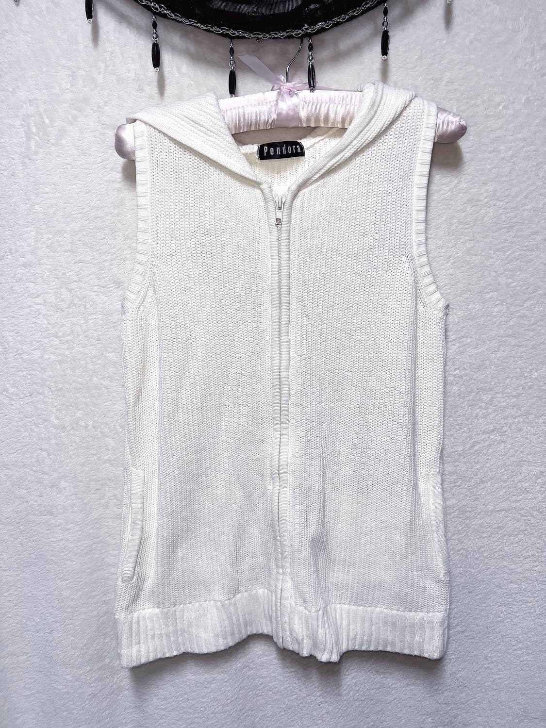 pendora 화이트 니트 후드조끼 집업 베스트 달천깔 갸루 펑크 y2k 상품이미지7