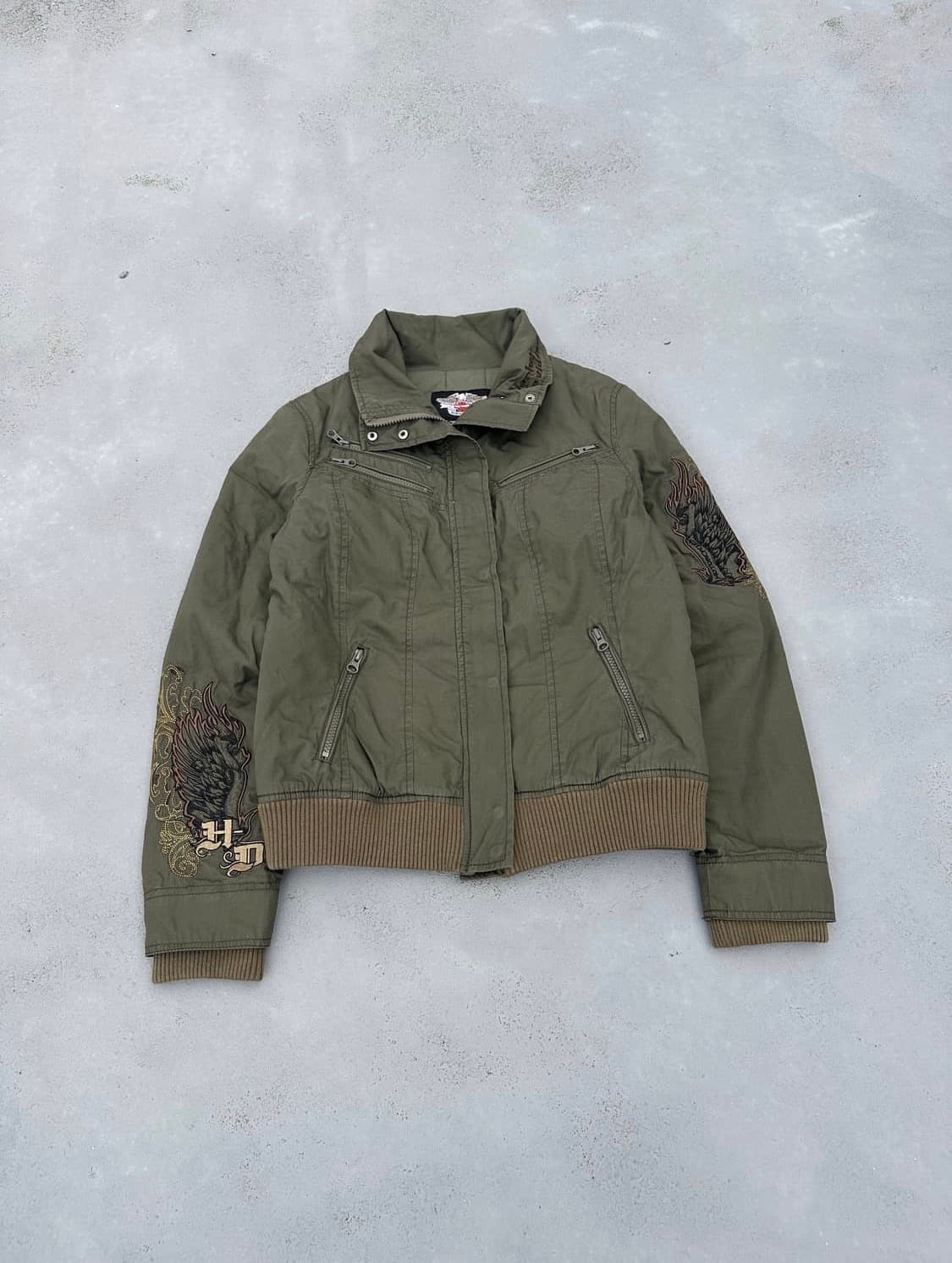 할리데이비슨 로고 자수 크롭 봄버자켓 올리브 카키 y2k 상품이미지1