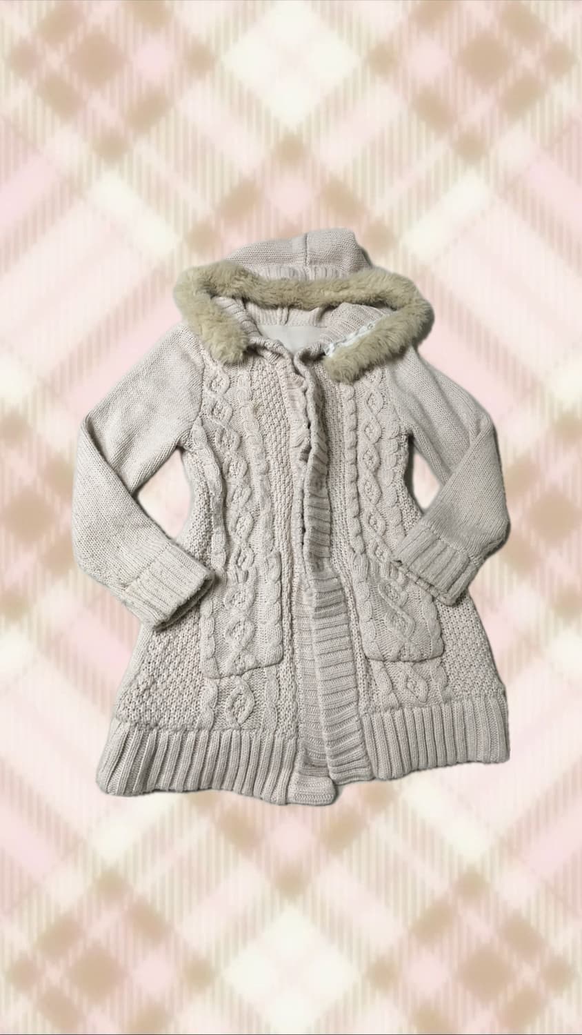 연핑크 꽈배기 니트 퍼 후드 롱 가디건 히메 갸루 러블리 로걀 빈티지 상품이미지1