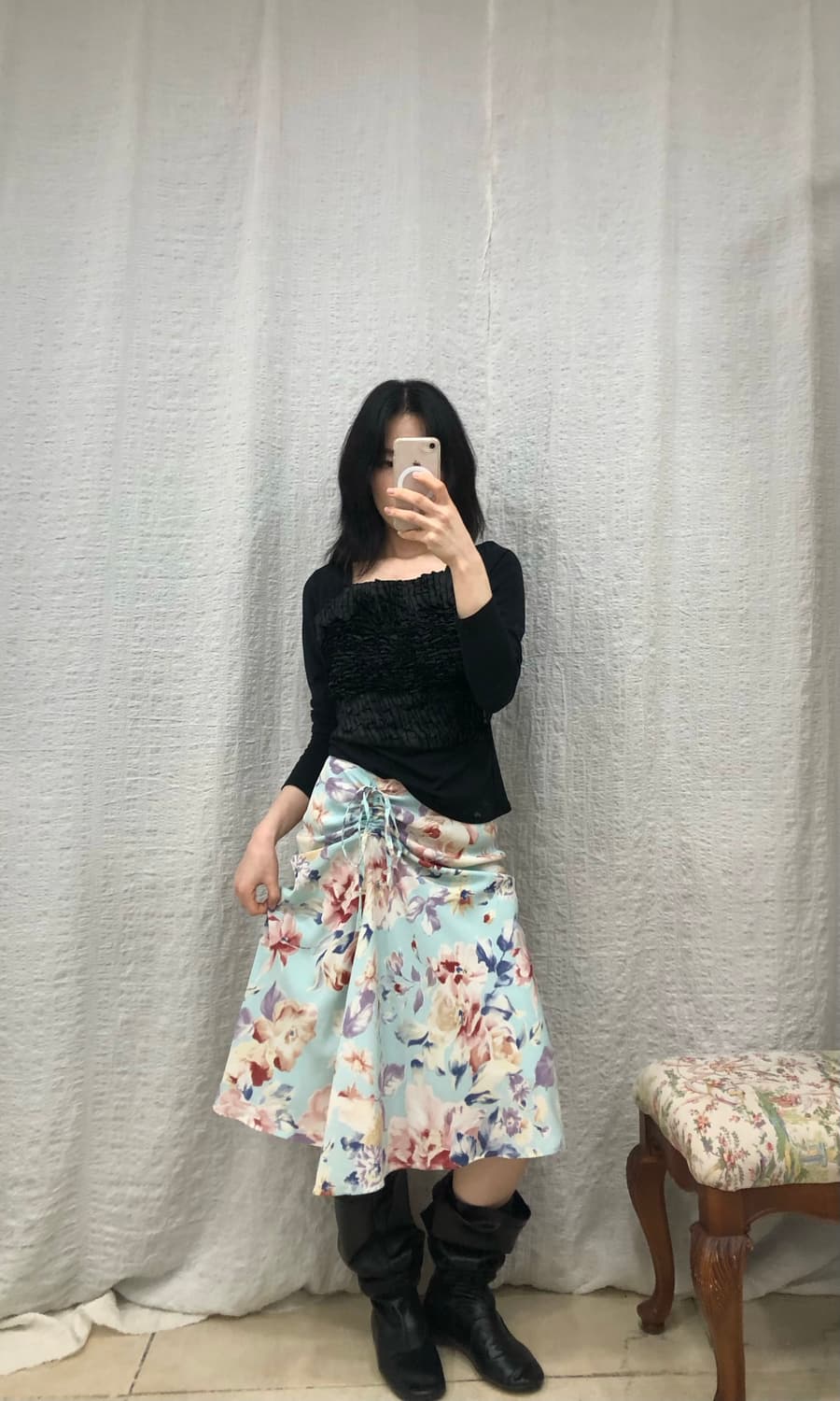 Mint floral string satin skirt 상품이미지3