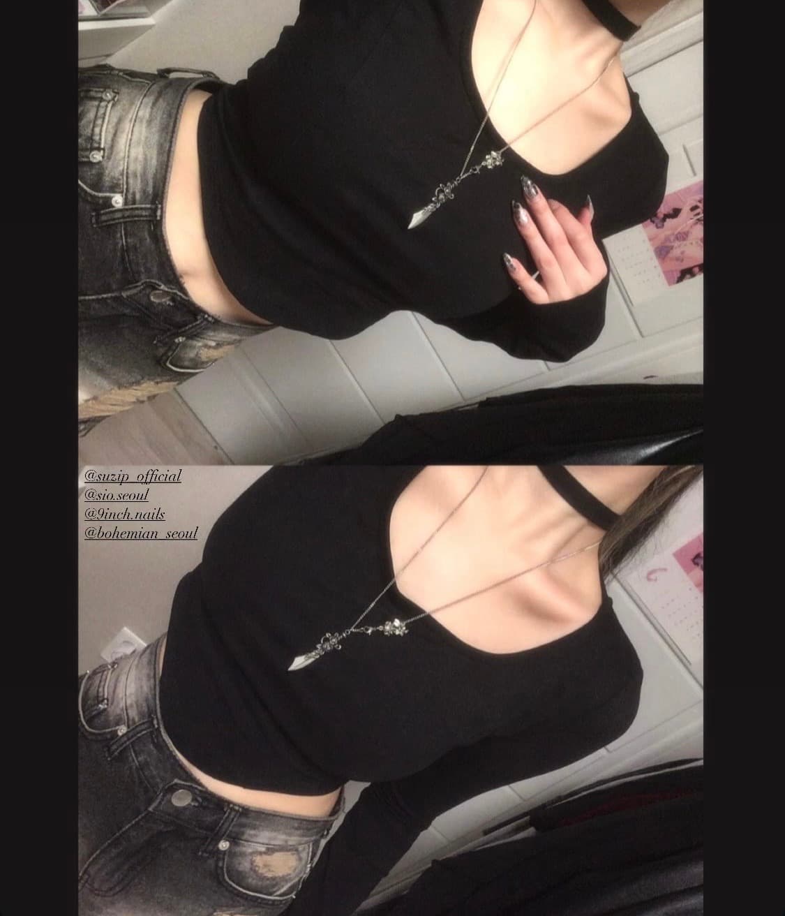 시오서울 소매 프린팅 사이드컷팅 크롭 슬리브 티 상품이미지2