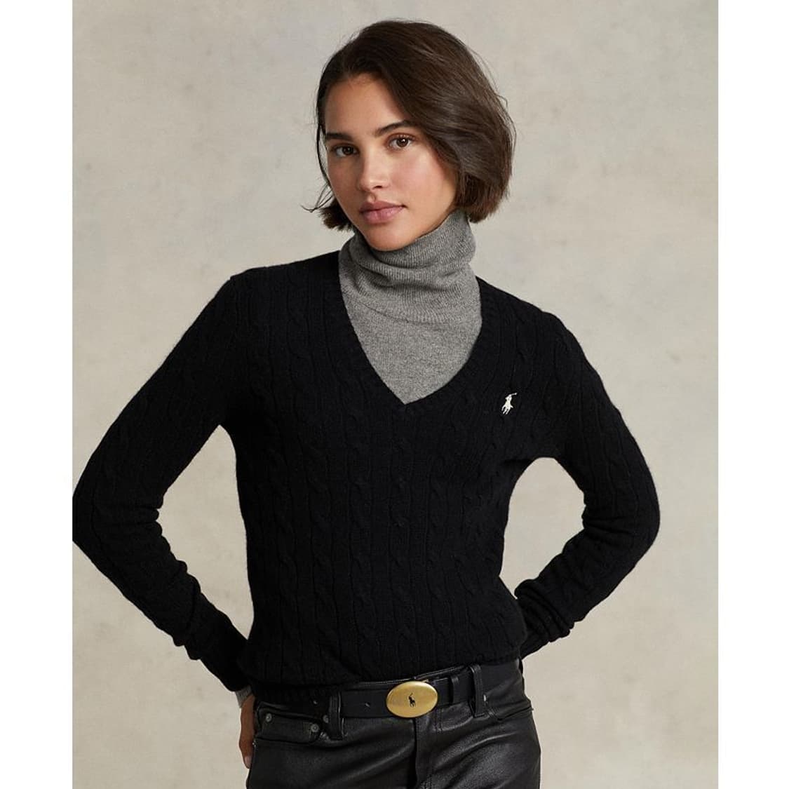 폴로 랄프로렌 여성용 울캐시미어 브이넥 케이블 니트 블랙 S 상품이미지1