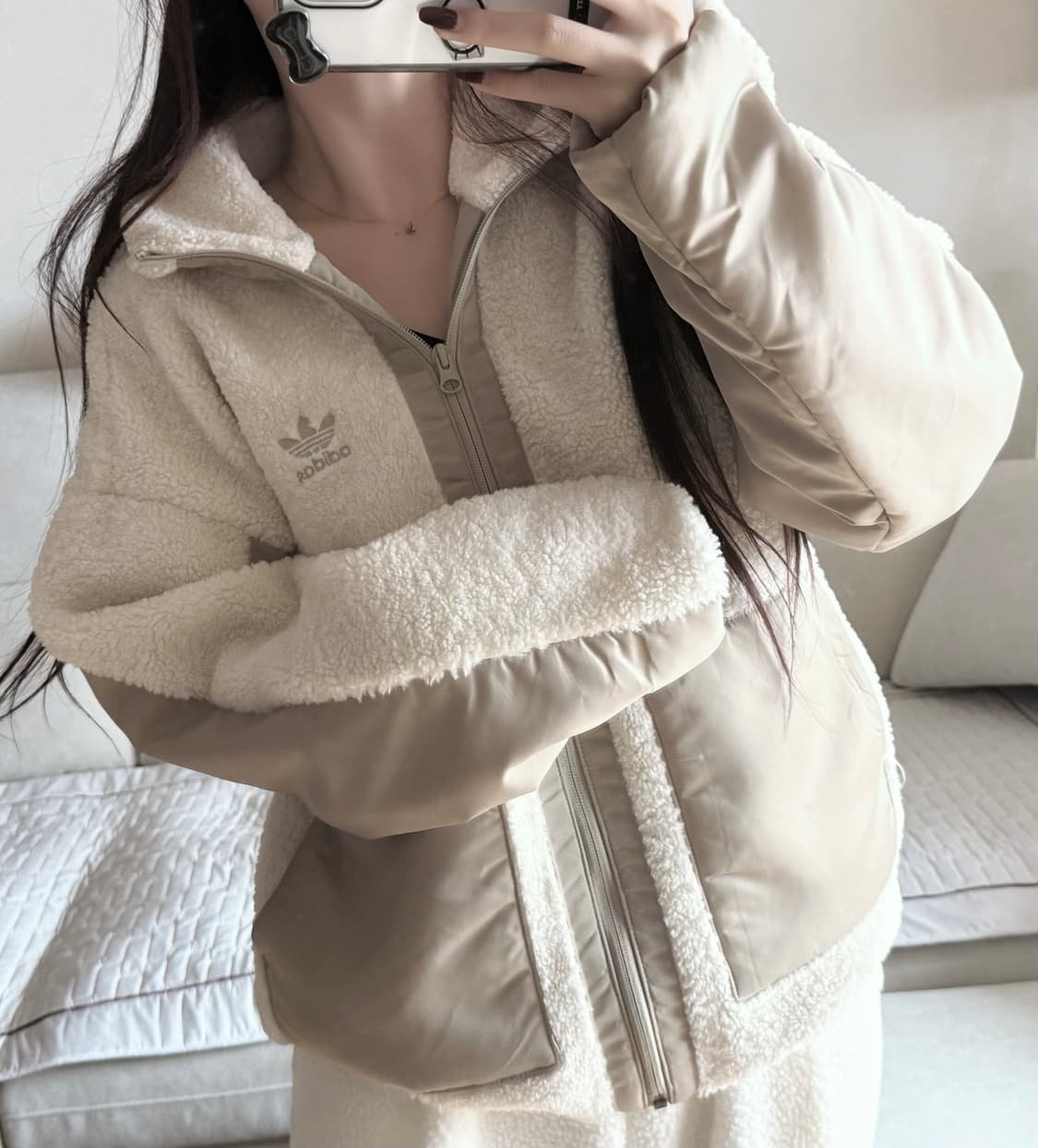 아디다스 카키 베이지 쉐르파 후리스 집업 상품이미지1