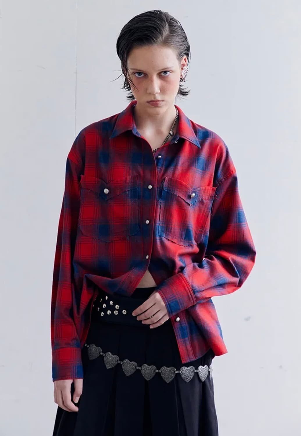 데어드 실버 버튼 체크 셔츠 상품이미지1