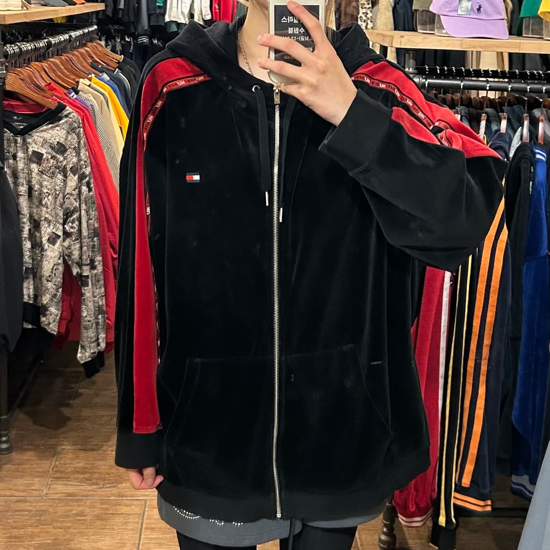 [HI] 타미힐피거 벨벳 후드집업 블랙  상품이미지1