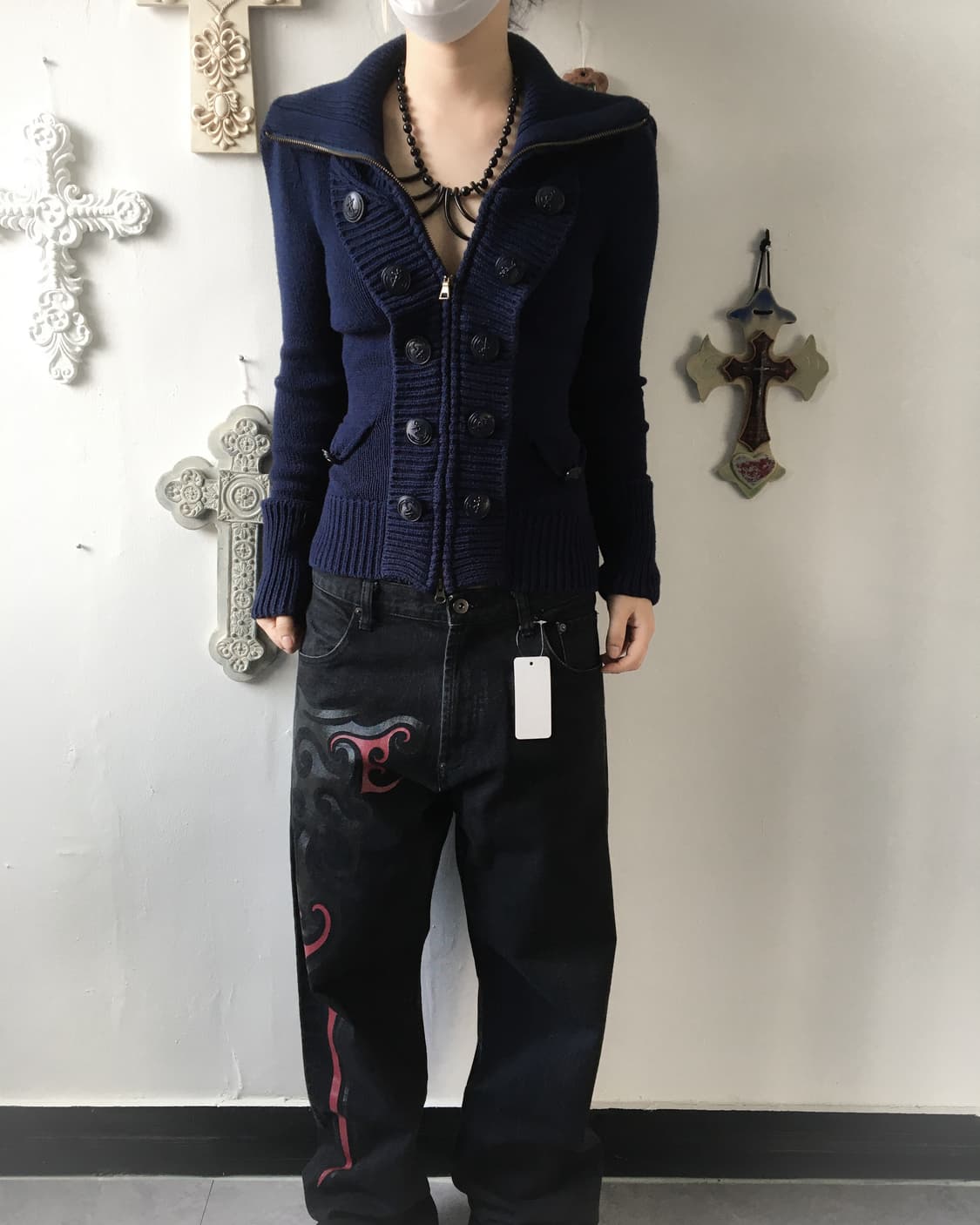 Double button high neck blue knit zip up 상품이미지1