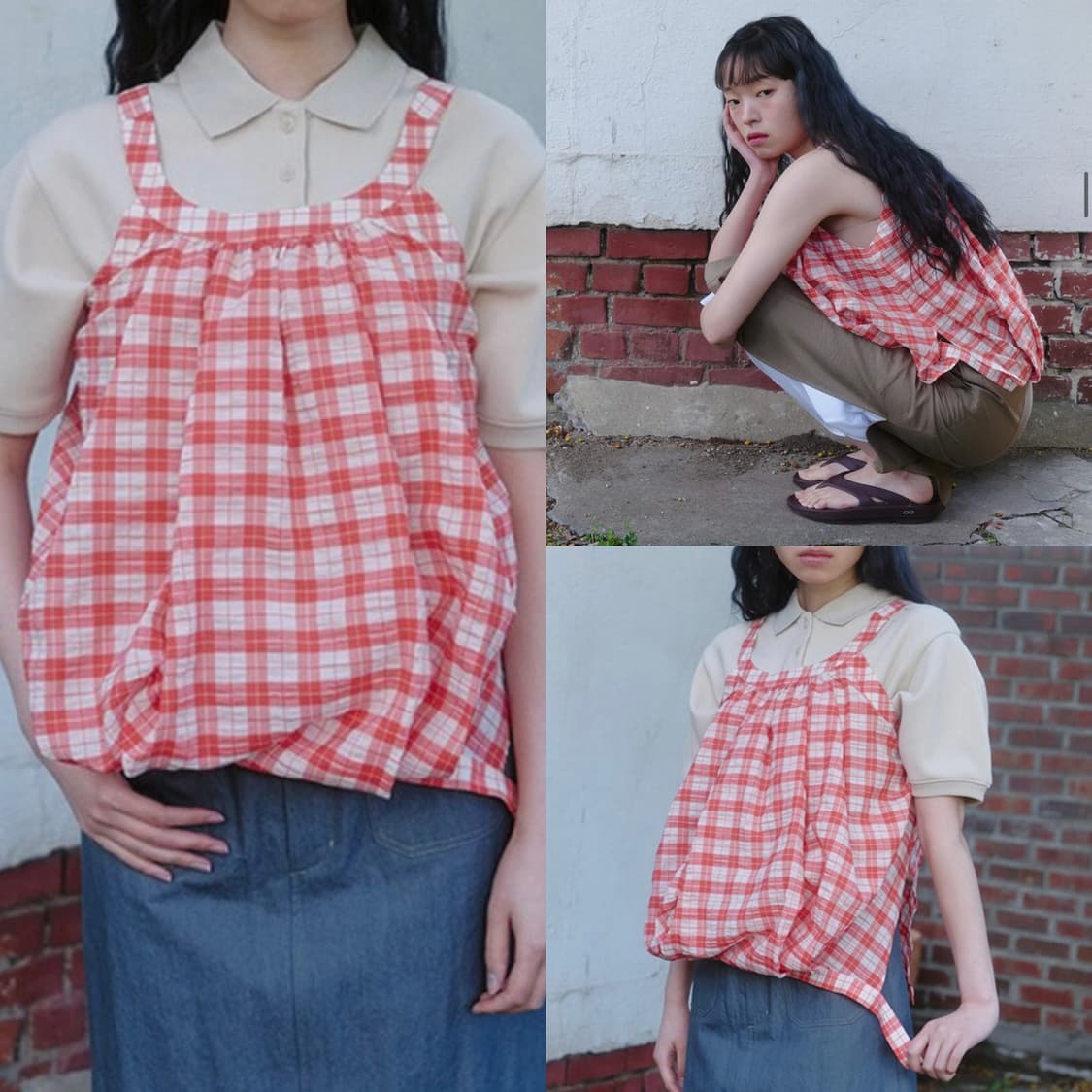 언쿡드 체크 볼륨 슬리브리스 블라우스 상품이미지9