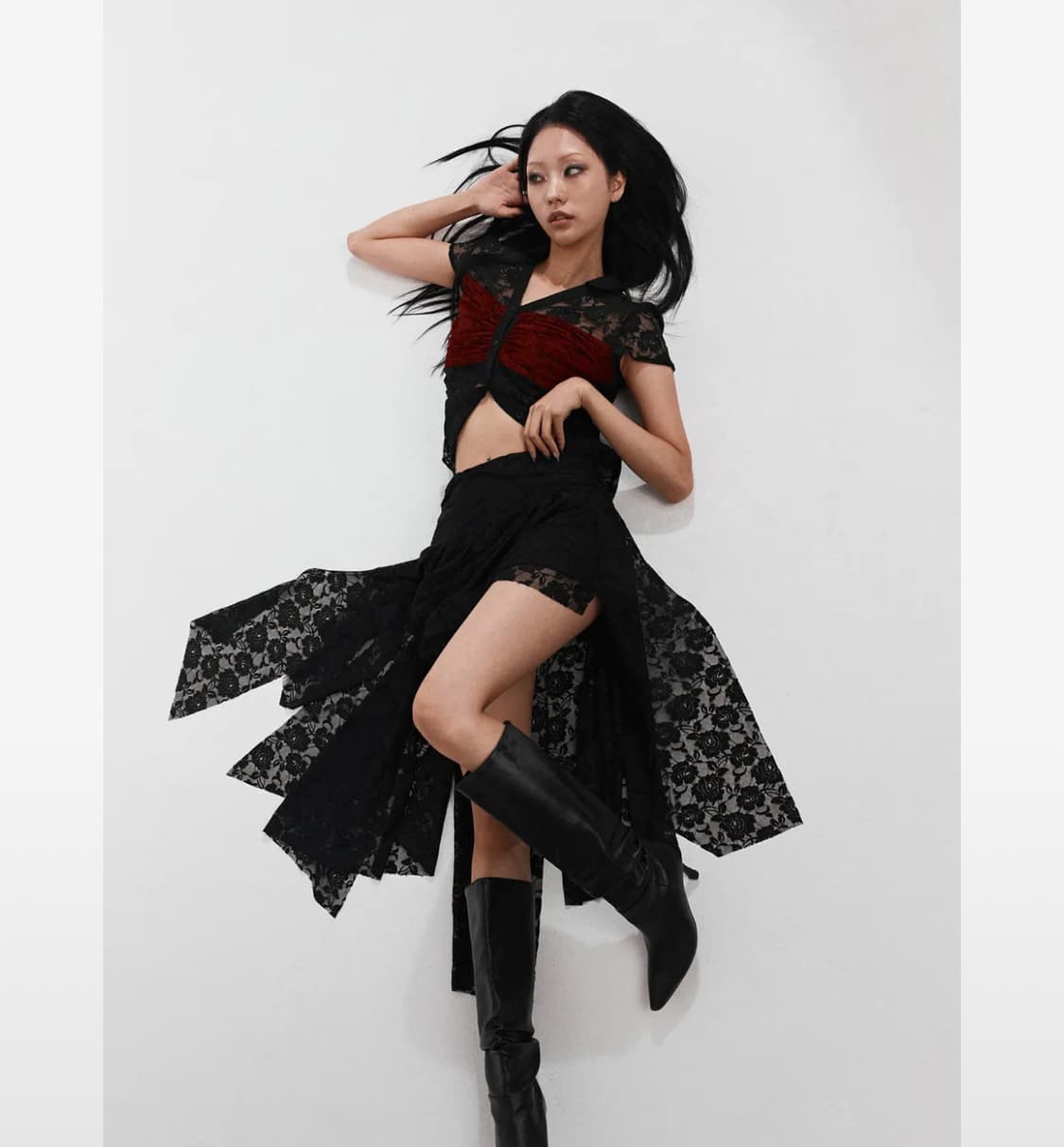 달링유어배드 LACE ASYMMETRIC 셔링 스커트 #BLACK M 상품이미지2