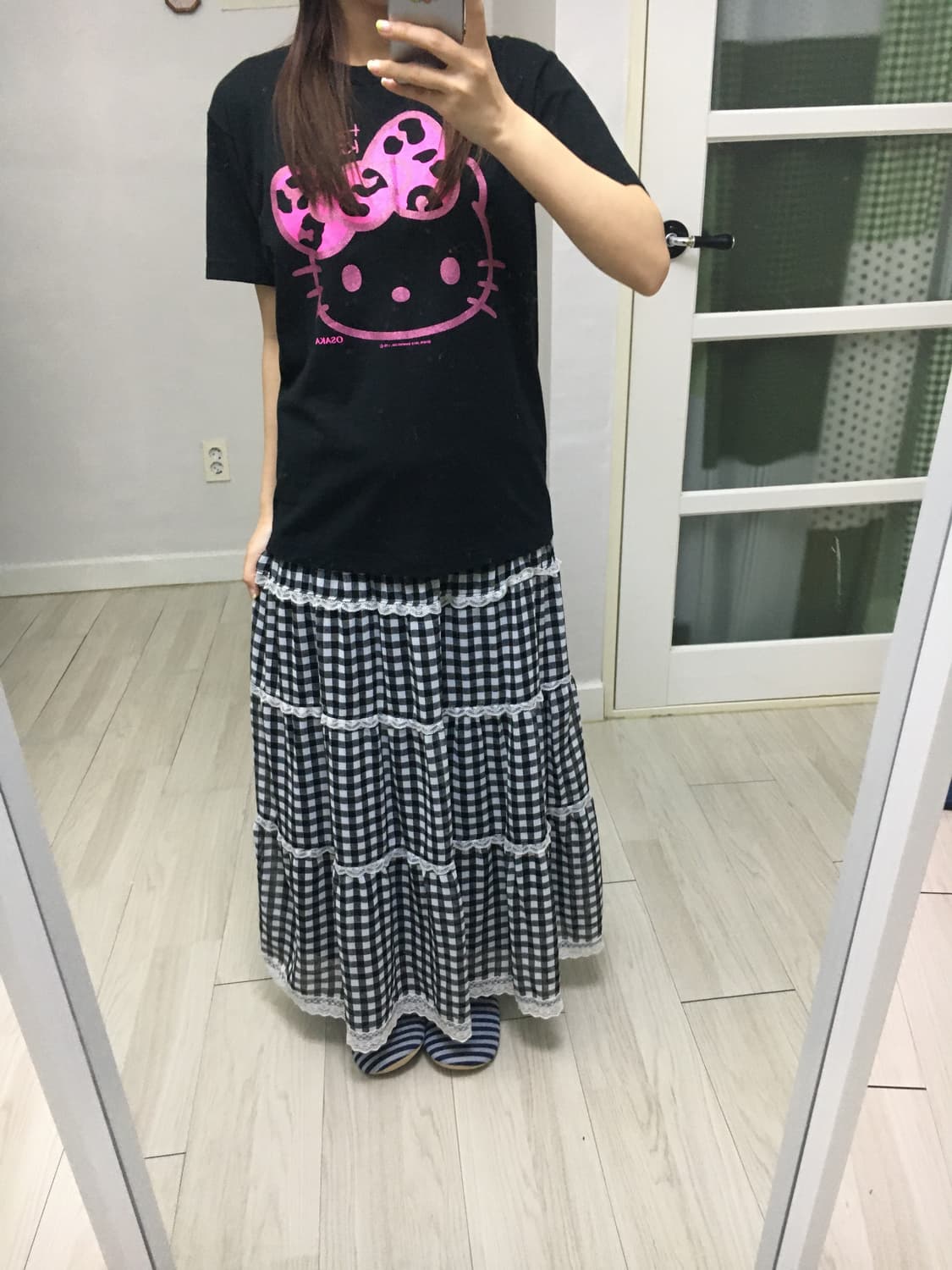 블랙 체크 레이스 롱 스커트 상품이미지3